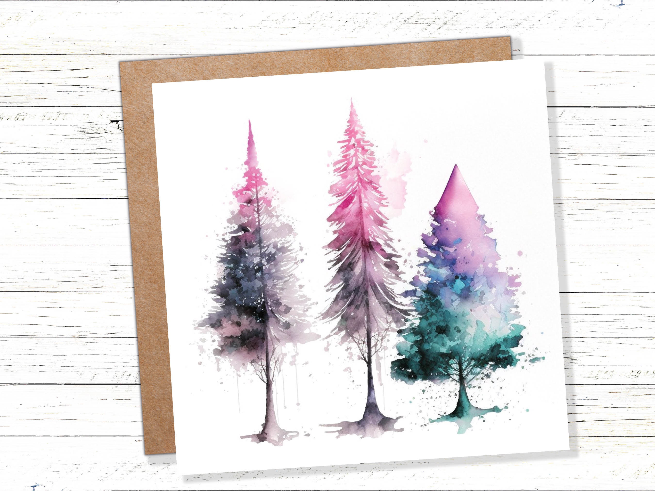 Messy Watercolour Trees Christmas Card Teal Purple Pink Green Modern Elegant Fir Tree Painting Greetings Cards For Family Friends Xmas 2024 - View 2