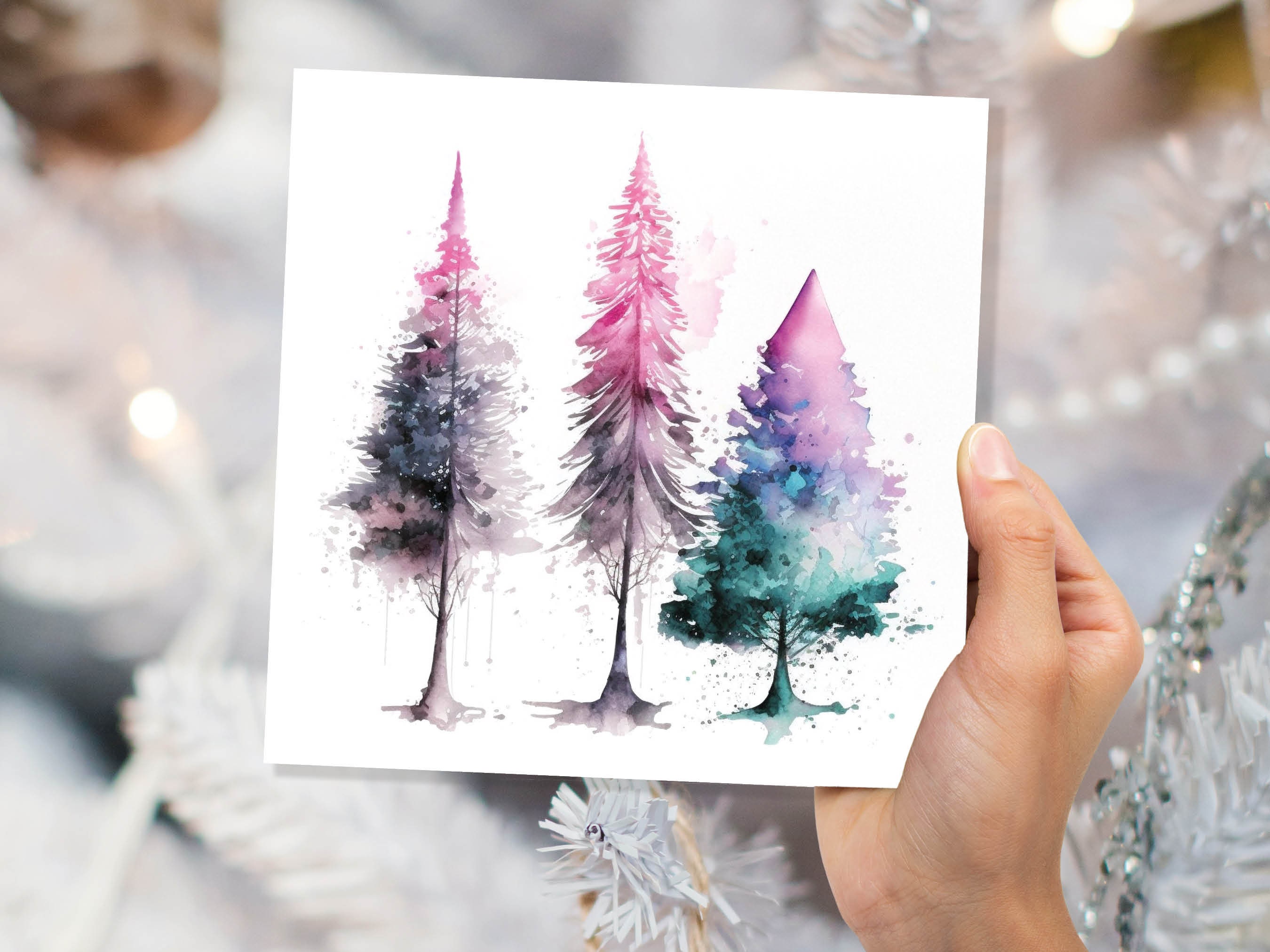 Messy Watercolour Trees Christmas Card Teal Purple Pink Green Modern Elegant Fir Tree Painting Greetings Cards For Family Friends Xmas 2024 - View 3