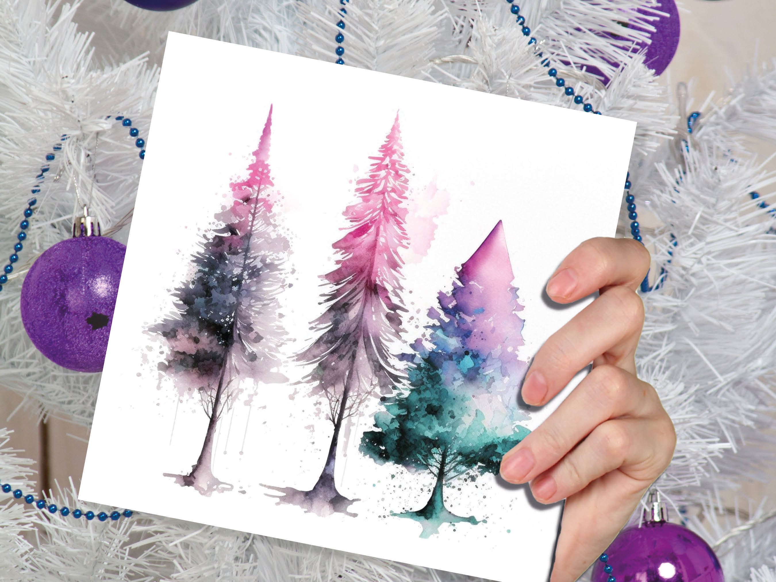 Messy Watercolour Trees Christmas Card Teal Purple Pink Green Modern Elegant Fir Tree Painting Greetings Cards For Family Friends Xmas 2024 - View 4