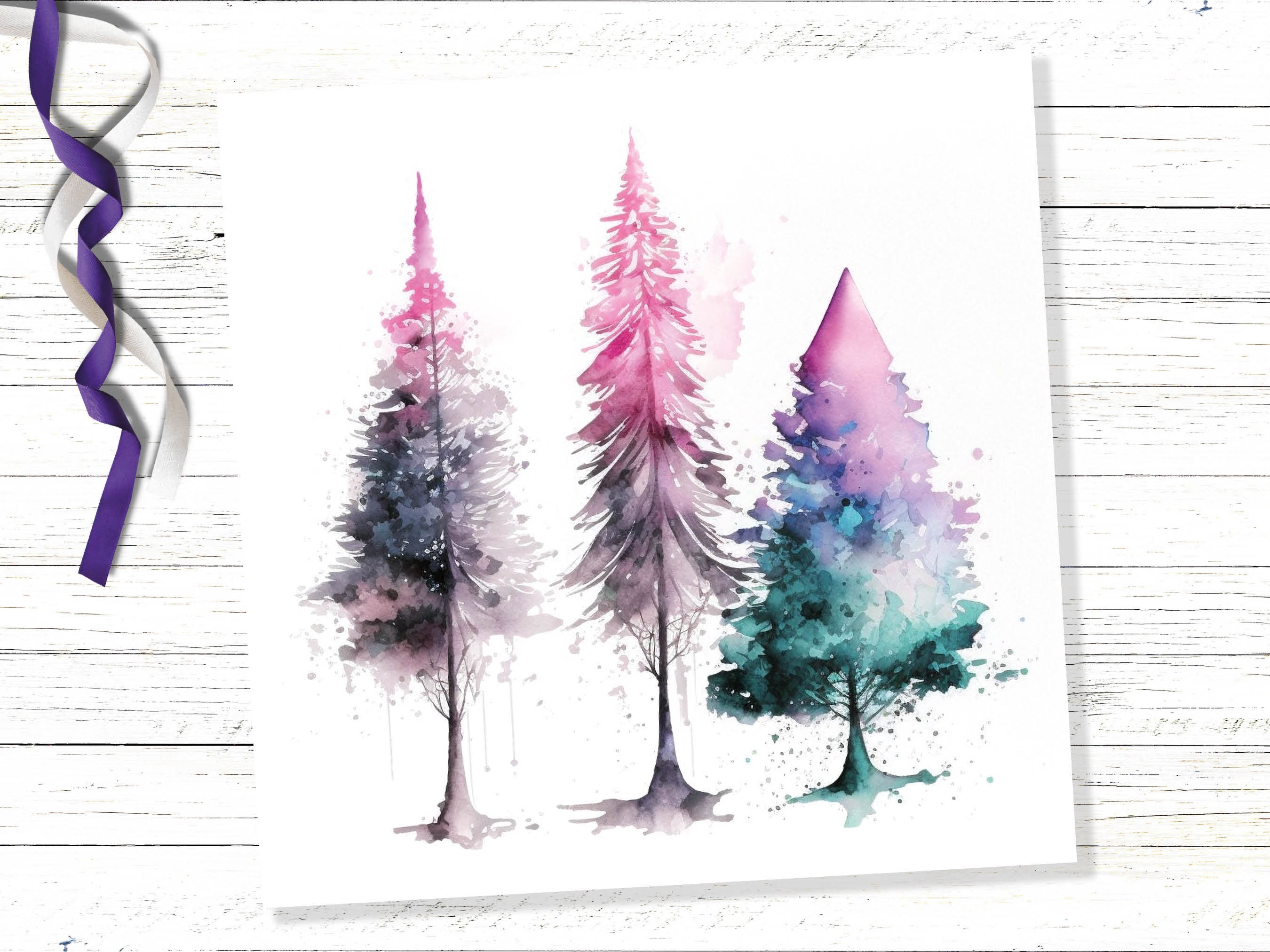 Messy Watercolour Trees Christmas Card Teal Purple Pink Green Modern Elegant Fir Tree Painting Greetings Cards For Family Friends Xmas 2024 - View 5