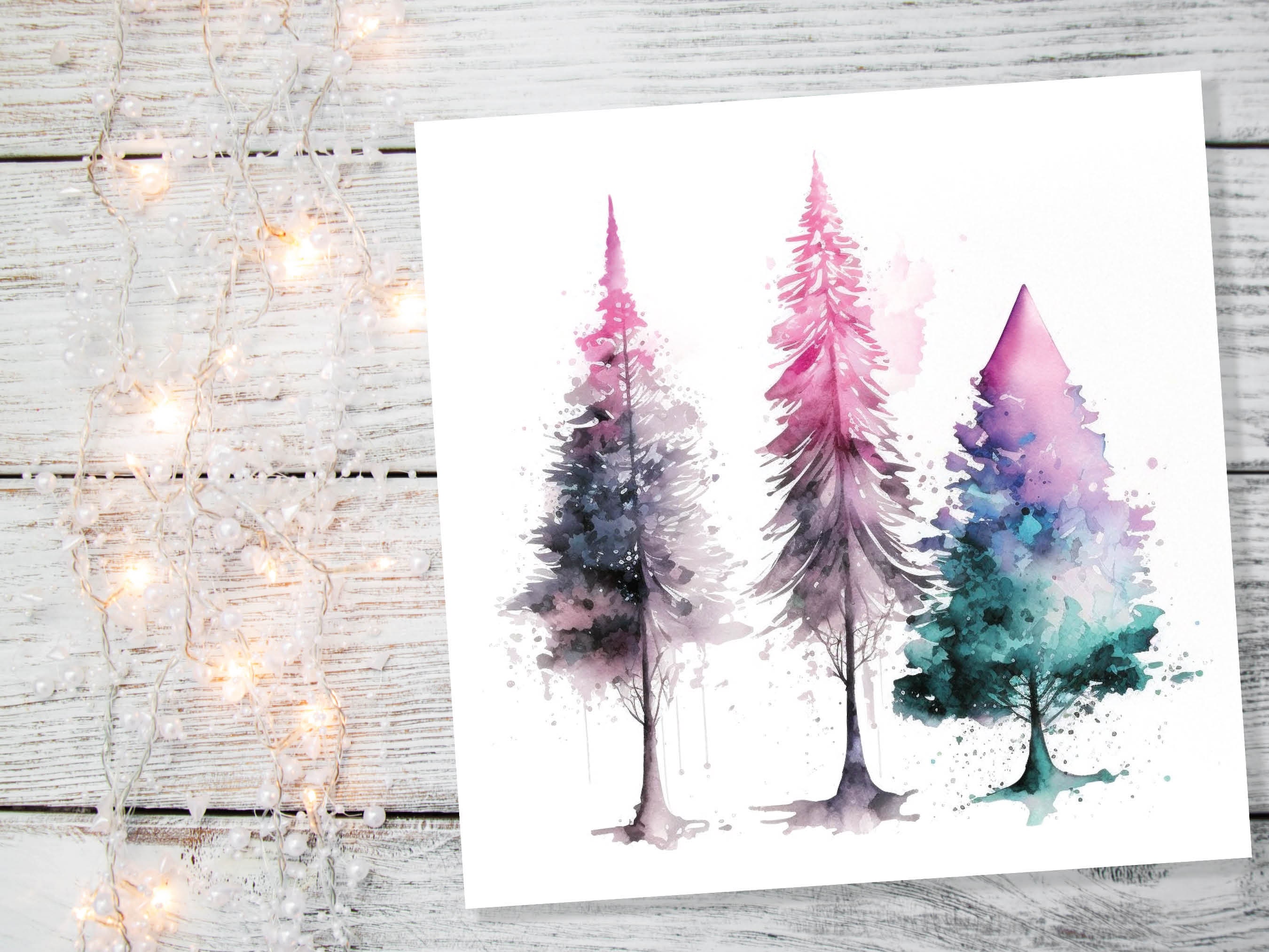 Messy Watercolour Trees Christmas Card Teal Purple Pink Green Modern Elegant Fir Tree Painting Greetings Cards For Family Friends Xmas 2024 - View 6