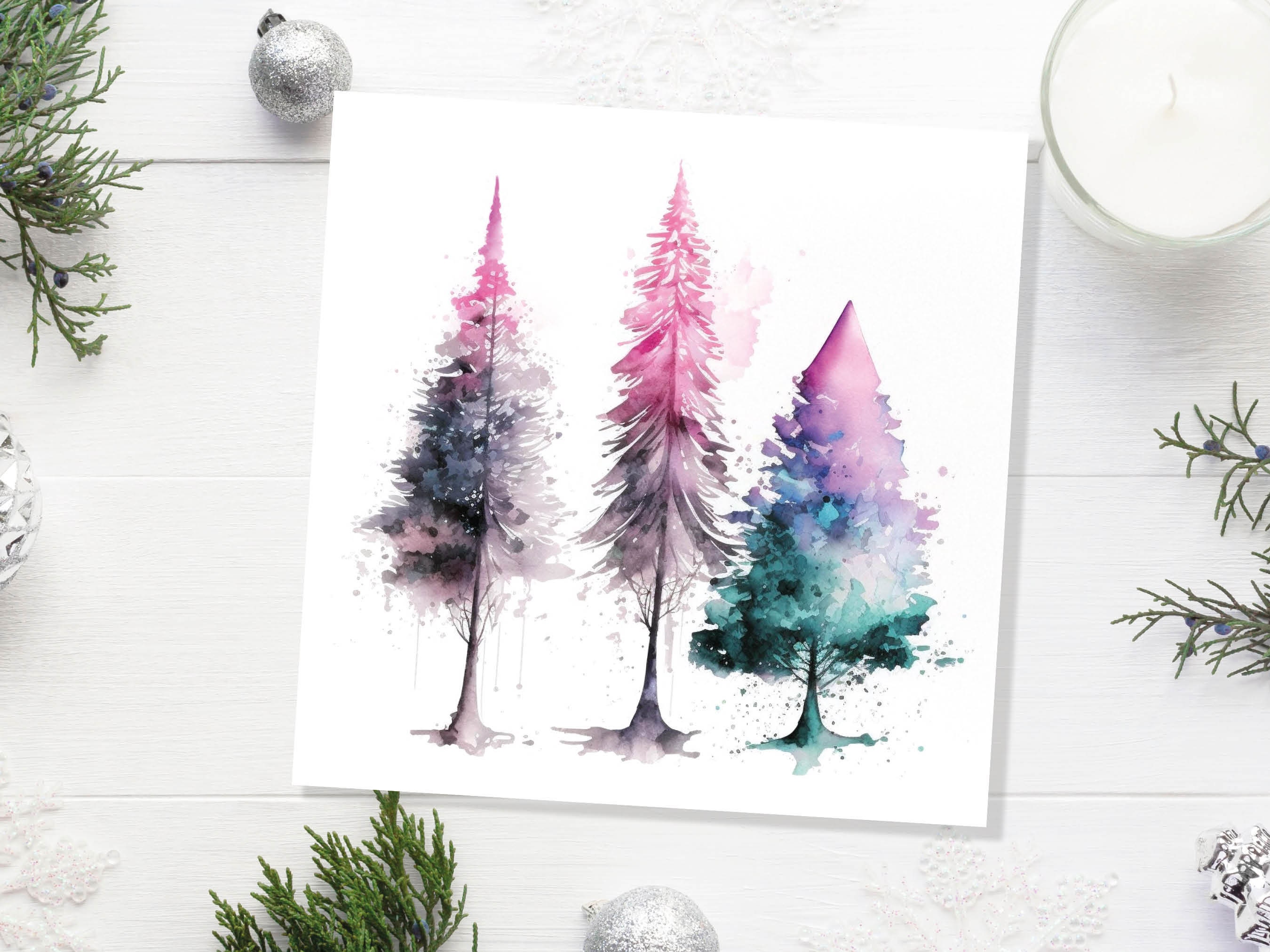 Messy Watercolour Trees Christmas Card Teal Purple Pink Green Modern Elegant Fir Tree Painting Greetings Cards For Family Friends Xmas 2024 - View 7