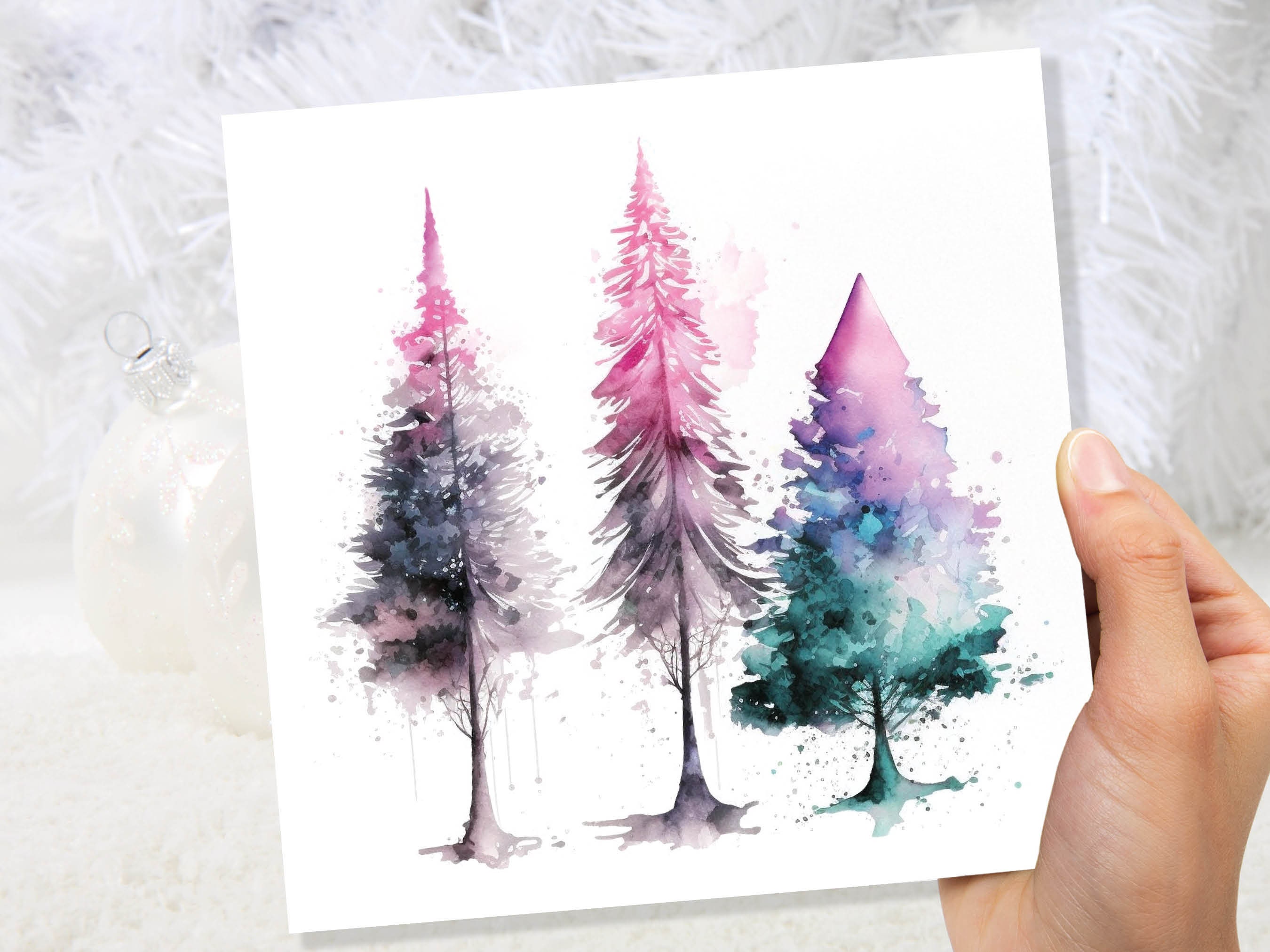 Messy Watercolour Trees Christmas Card Teal Purple Pink Green Modern Elegant Fir Tree Painting Greetings Cards For Family Friends Xmas 2024 - View 8