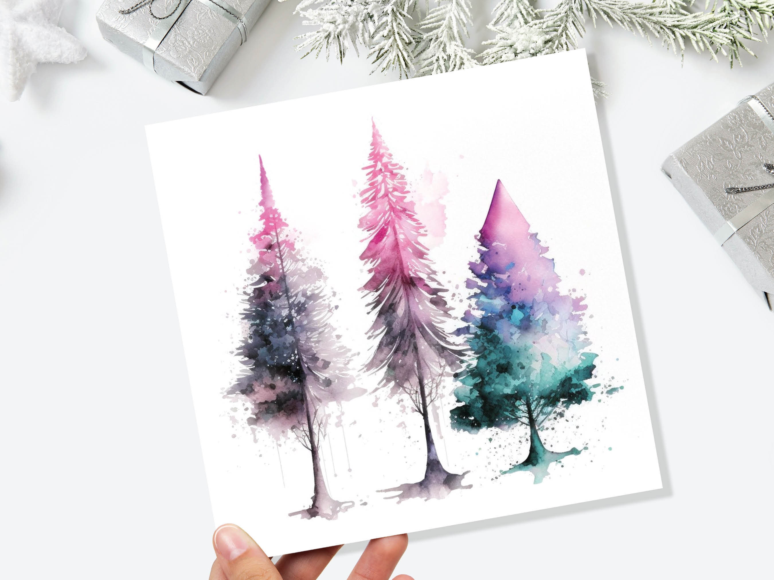 Messy Watercolour Trees Christmas Card Teal Purple Pink Green Modern Elegant Fir Tree Painting Greetings Cards For Family Friends Xmas 2024 - View 9