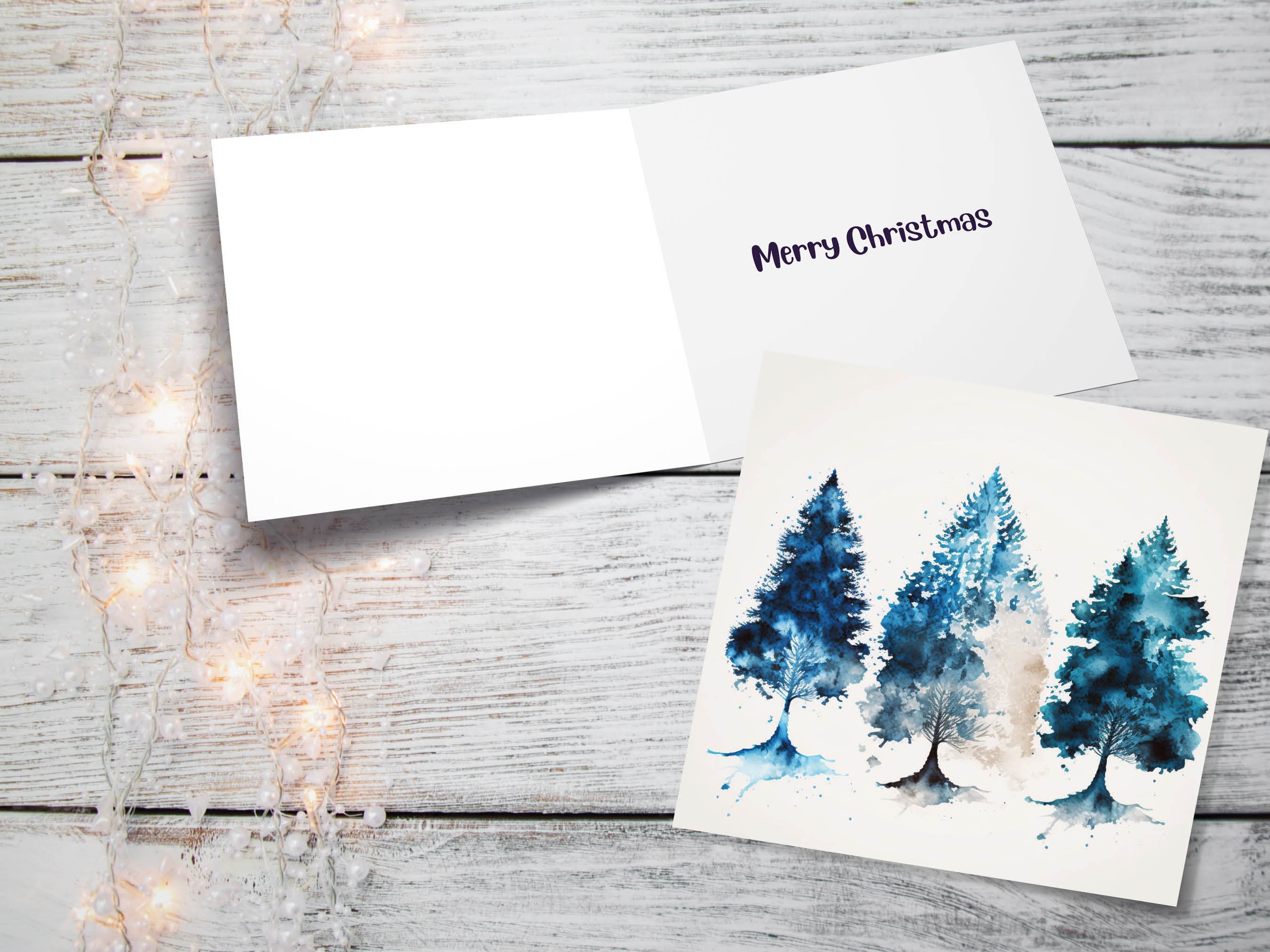 Blue Christmas Trees Card Modern Watercolour Elegant Prussian Fir Tree Messy Painting Style Greetings Cards For Family Friends Xmas 2024 - View 10