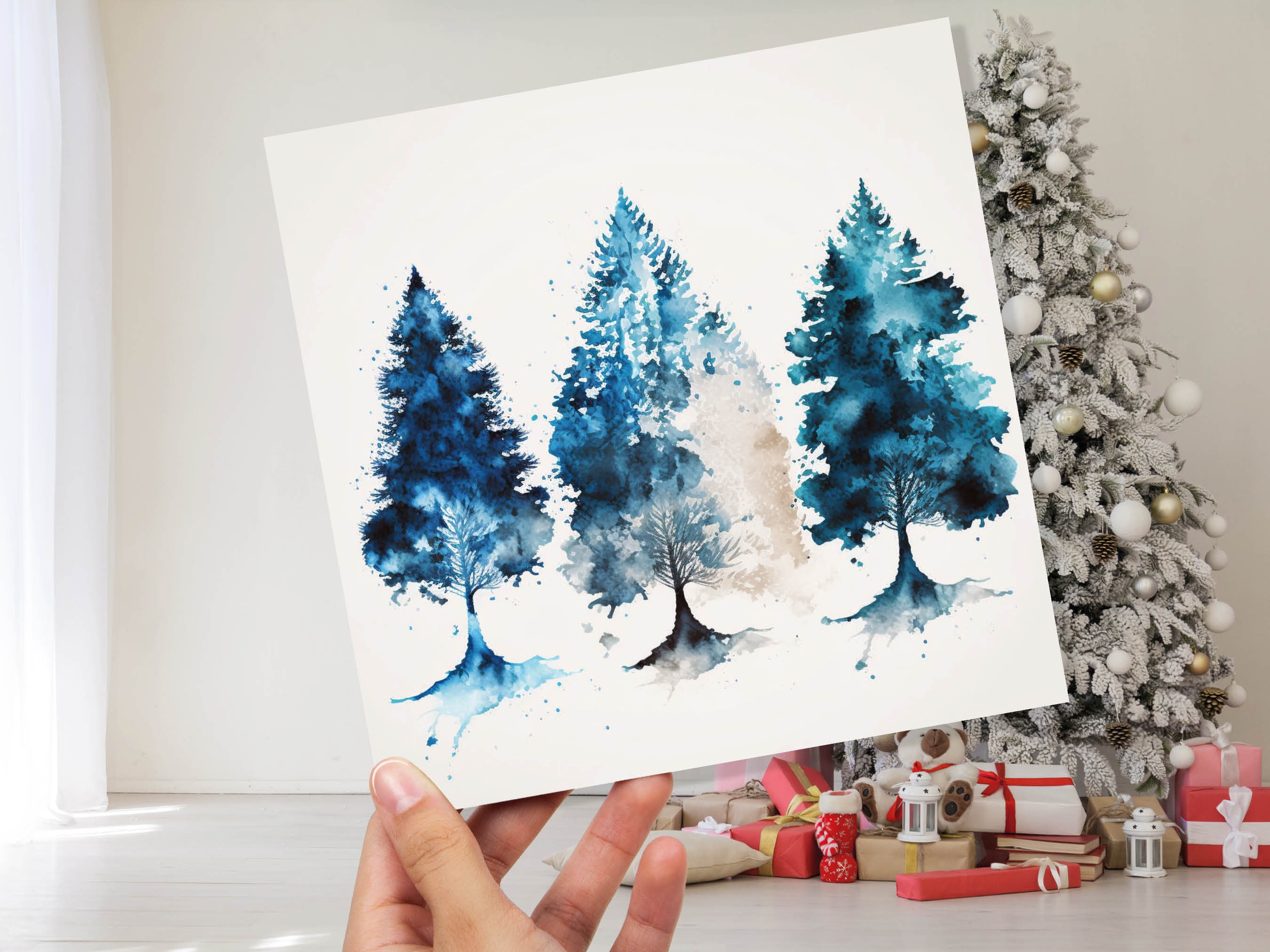 Blue Christmas Trees Card Modern Watercolour Elegant Prussian Fir Tree Messy Painting Style Greetings Cards For Family Friends Xmas 2024