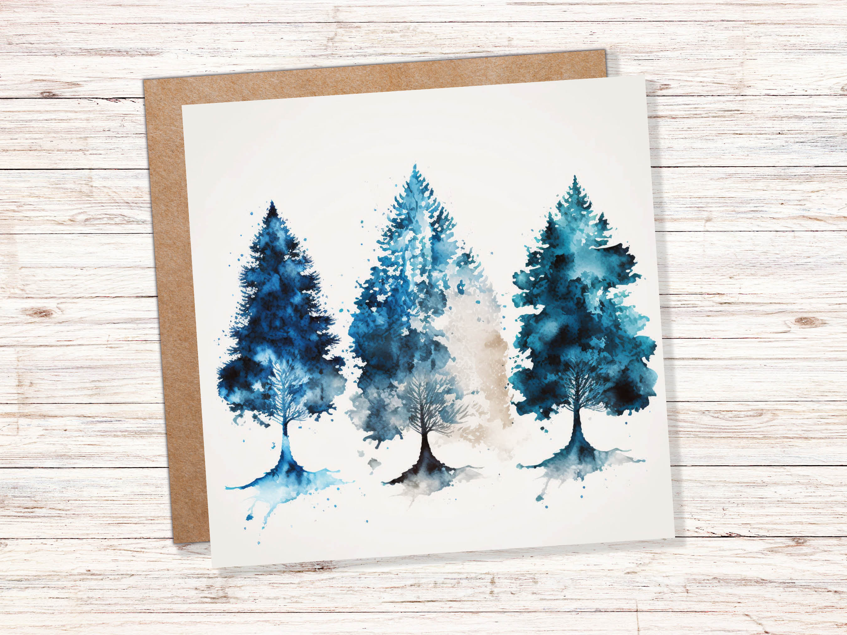 Blue Christmas Trees Card Modern Watercolour Elegant Prussian Fir Tree Messy Painting Style Greetings Cards For Family Friends Xmas 2024 - View 2