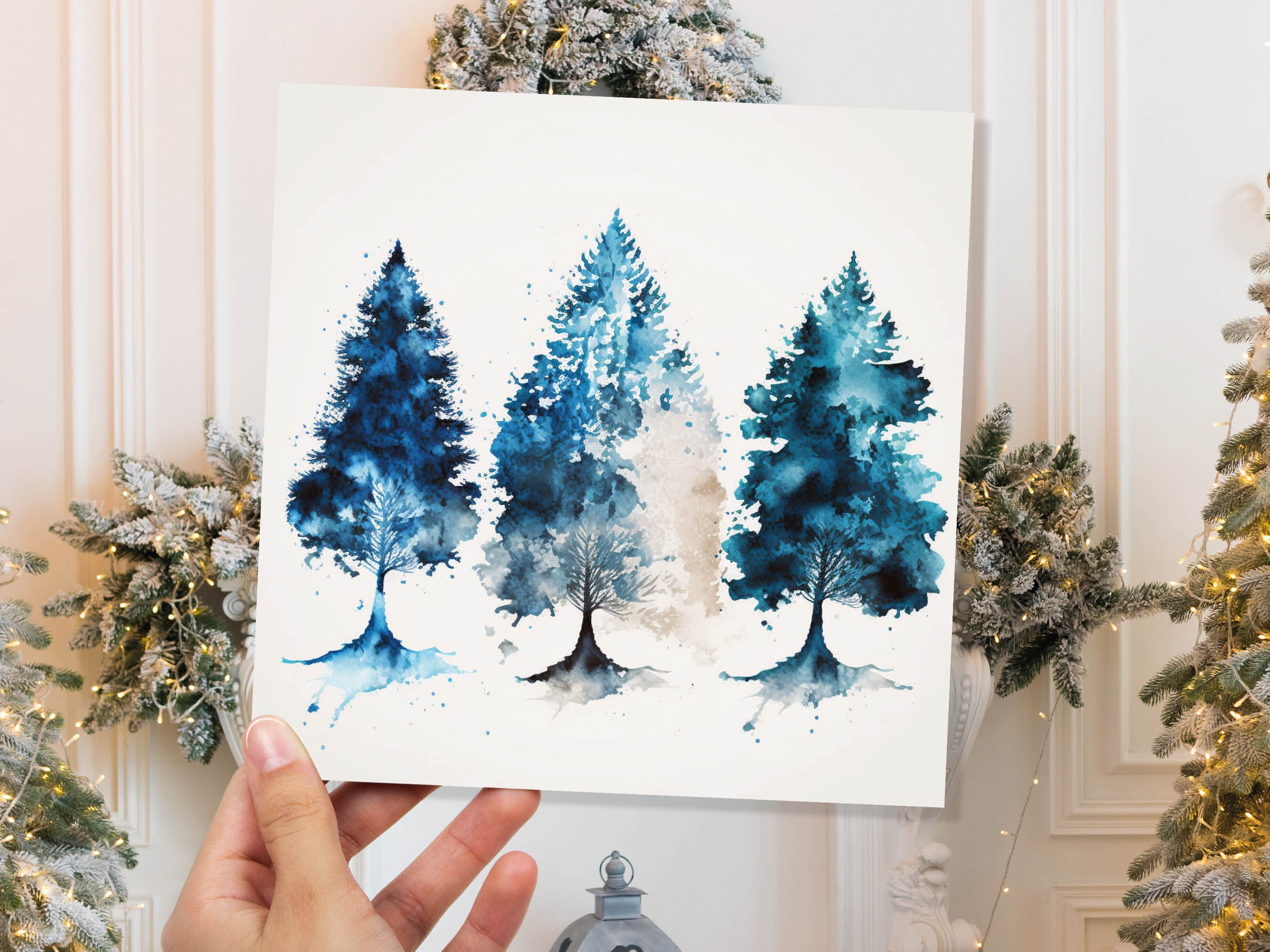 Blue Christmas Trees Card Modern Watercolour Elegant Prussian Fir Tree Messy Painting Style Greetings Cards For Family Friends Xmas 2024 - View 3