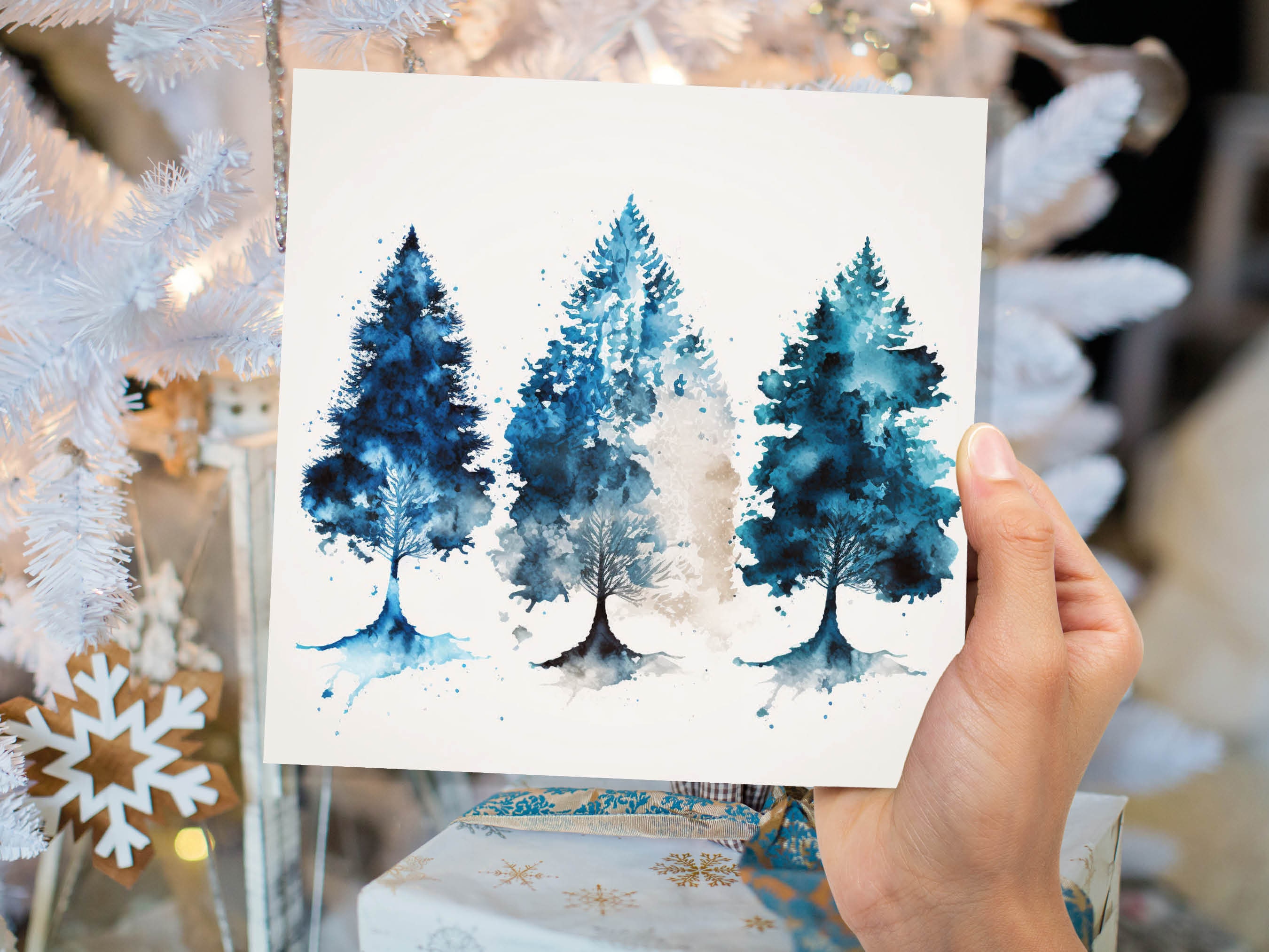 Blue Christmas Trees Card Modern Watercolour Elegant Prussian Fir Tree Messy Painting Style Greetings Cards For Family Friends Xmas 2024 - View 4