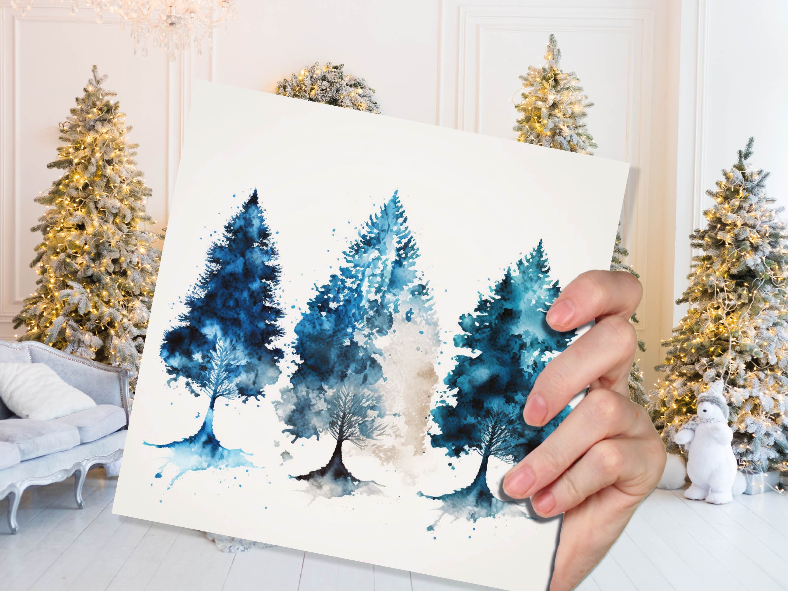 Blue Christmas Trees Card Modern Watercolour Elegant Prussian Fir Tree Messy Painting Style Greetings Cards For Family Friends Xmas 2024 - View 5