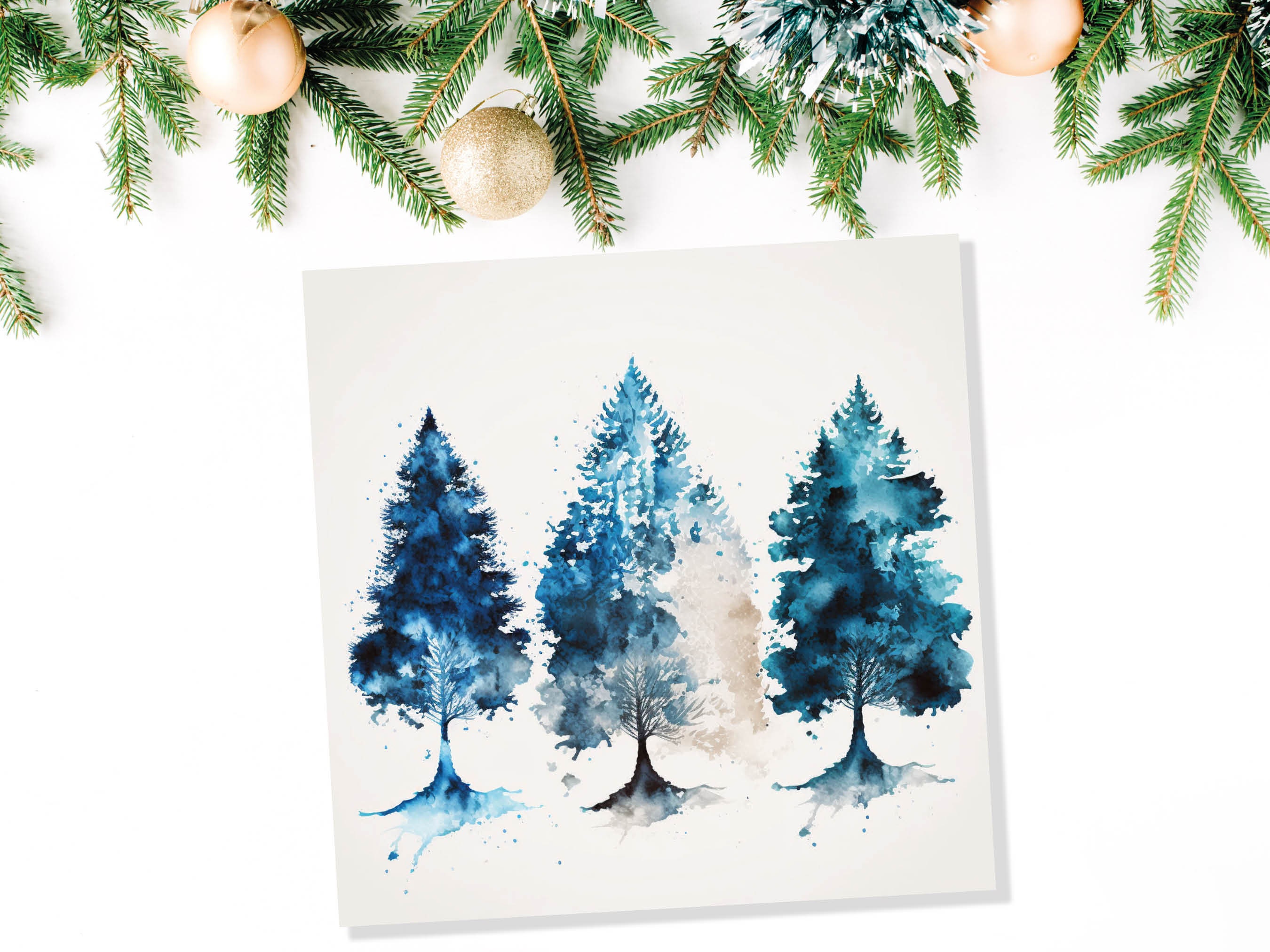 Blue Christmas Trees Card Modern Watercolour Elegant Prussian Fir Tree Messy Painting Style Greetings Cards For Family Friends Xmas 2024 - View 6