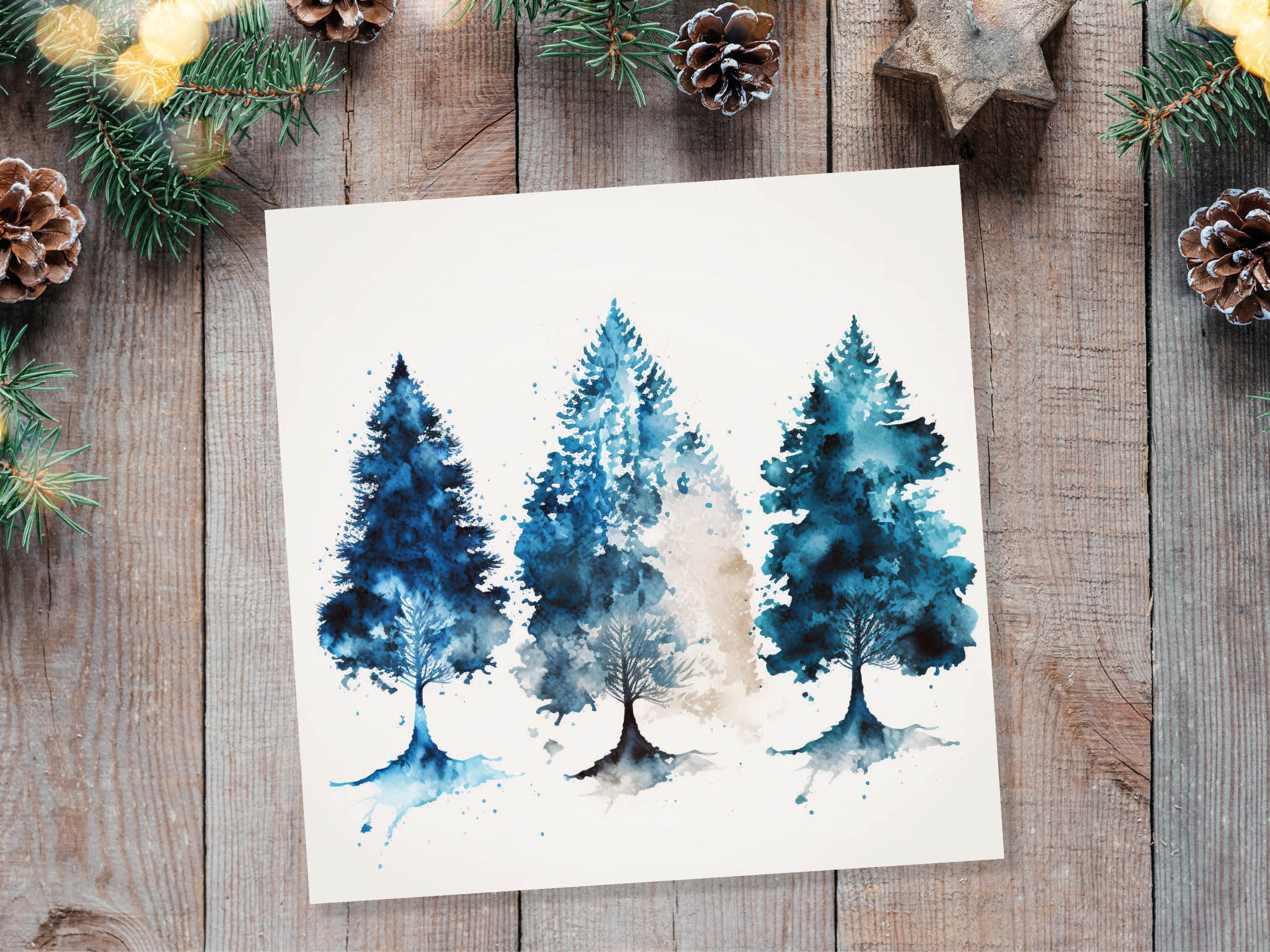 Blue Christmas Trees Card Modern Watercolour Elegant Prussian Fir Tree Messy Painting Style Greetings Cards For Family Friends Xmas 2024 - View 7