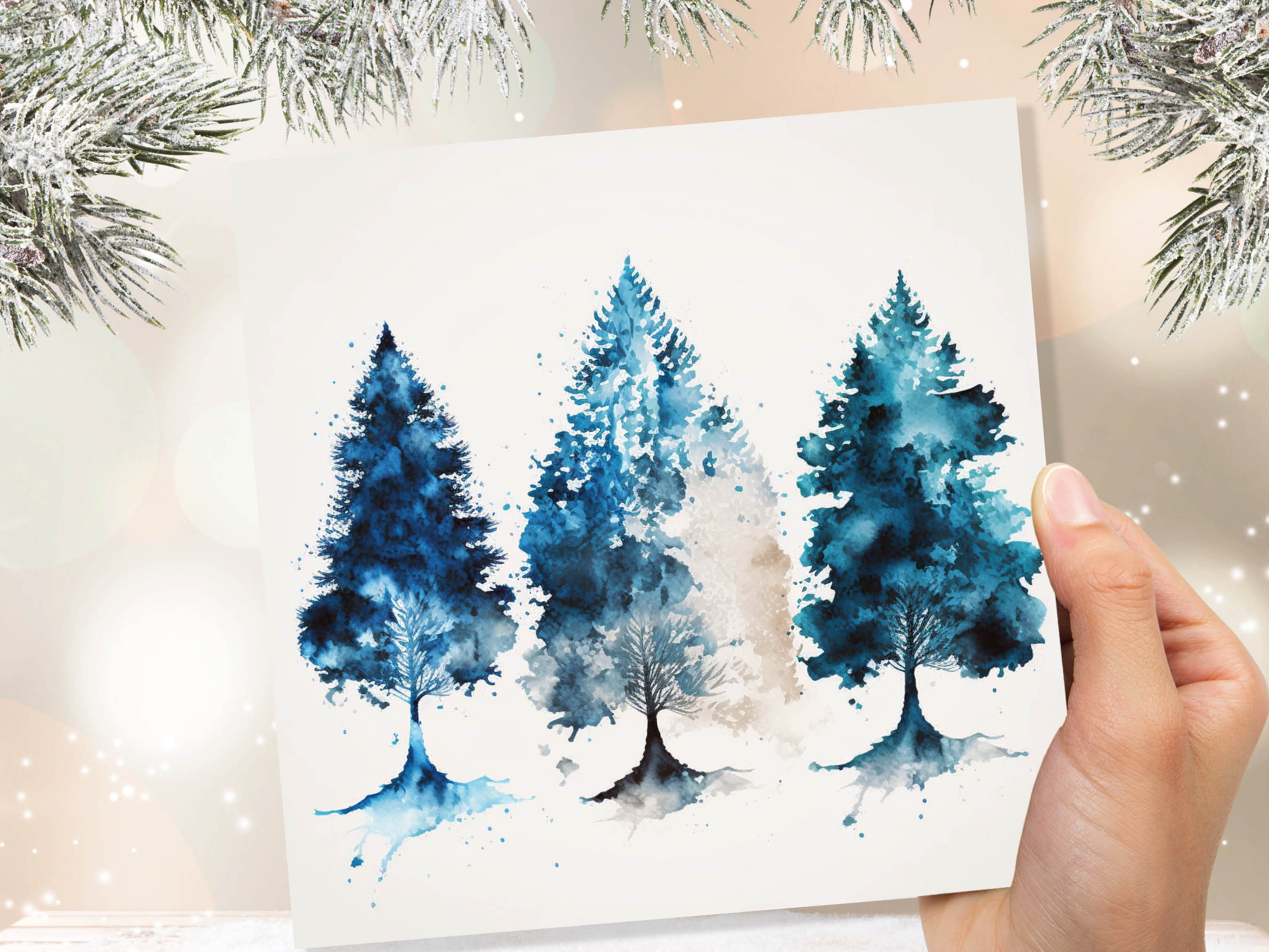 Blue Christmas Trees Card Modern Watercolour Elegant Prussian Fir Tree Messy Painting Style Greetings Cards For Family Friends Xmas 2024 - View 8