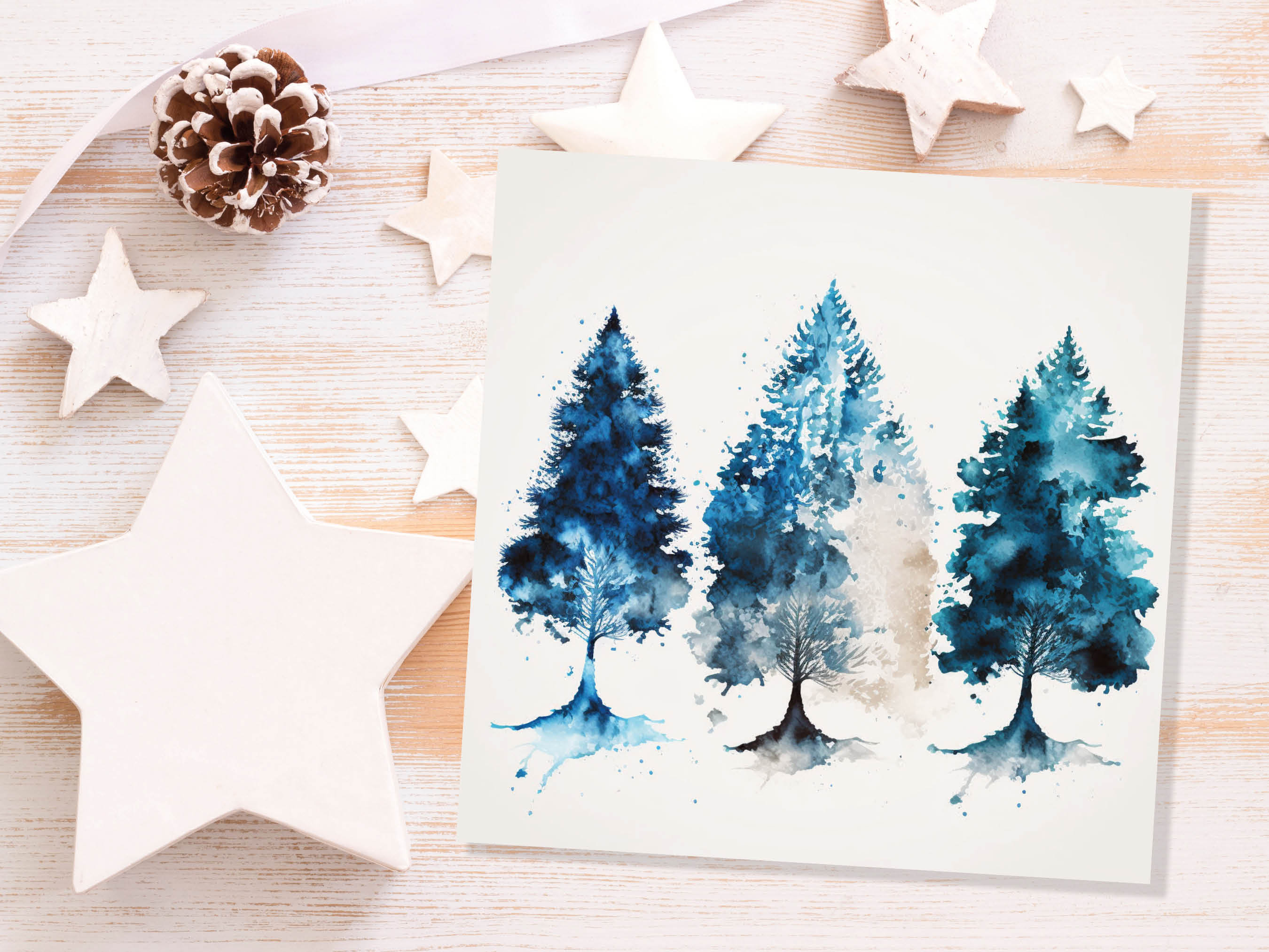 Blue Christmas Trees Card Modern Watercolour Elegant Prussian Fir Tree Messy Painting Style Greetings Cards For Family Friends Xmas 2024 - View 9