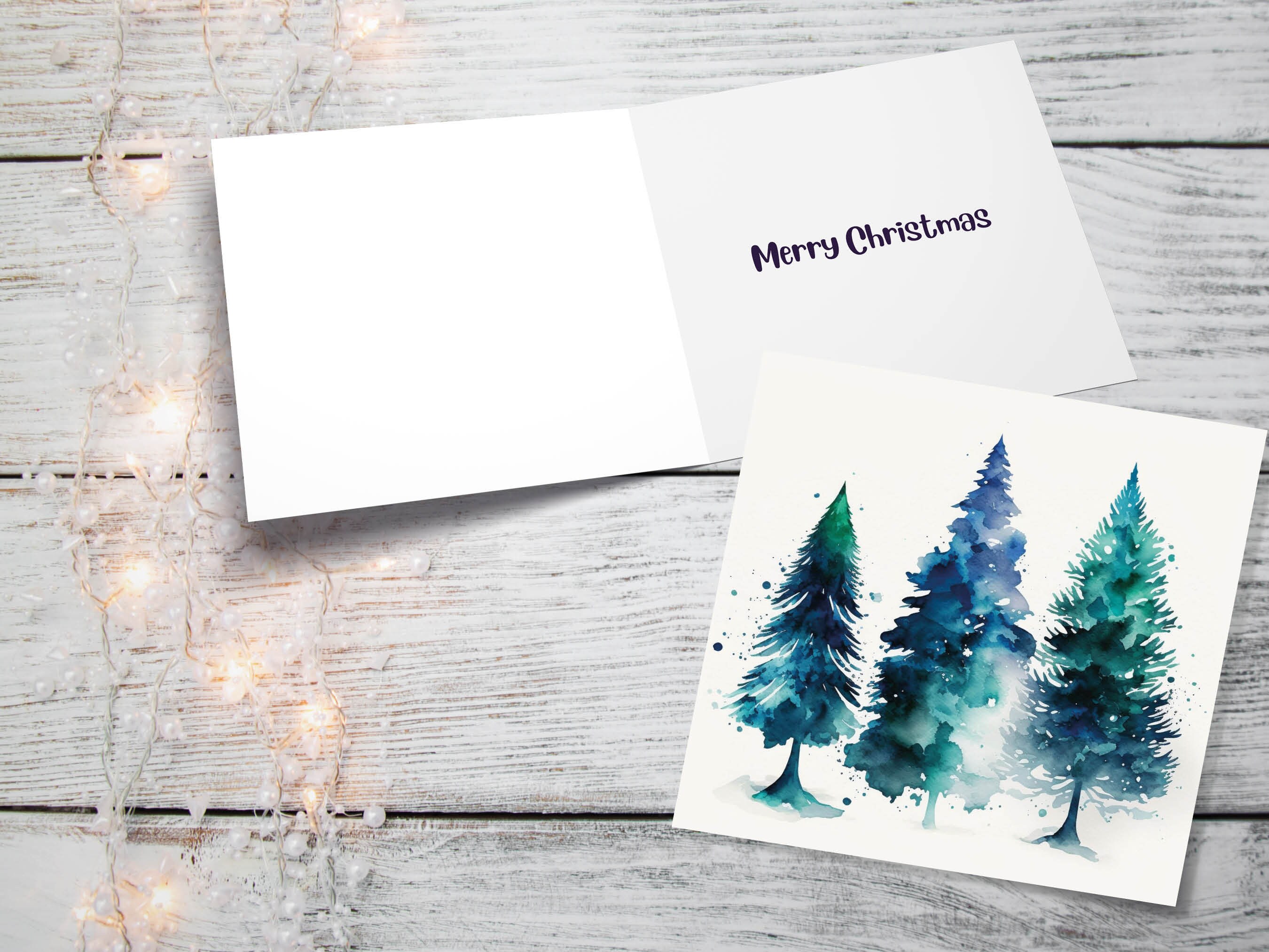 Blue & Green Watercolour Christmas Trees Card Modern Elegant Prussian Fir Tree Messy Painting Greetings Cards For Family Friends Xmas 2024 - View 10