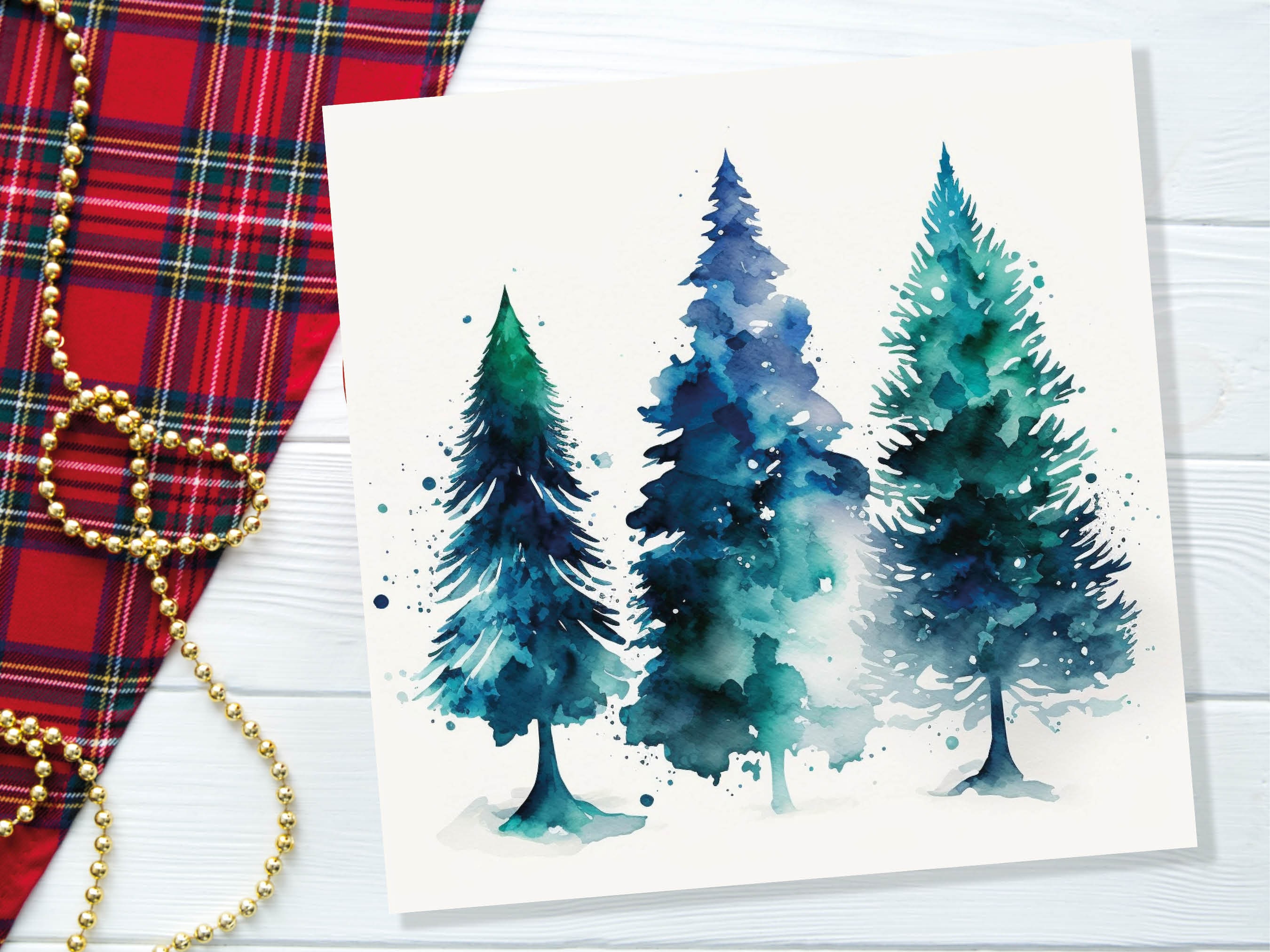 Blue & Green Watercolour Christmas Trees Card Modern Elegant Prussian Fir Tree Messy Painting Greetings Cards For Family Friends Xmas 2024