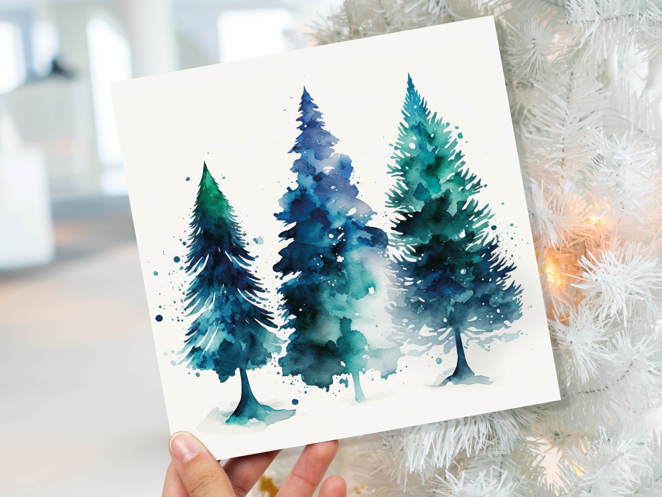 Blue & Green Watercolour Christmas Trees Card Modern Elegant Prussian Fir Tree Messy Painting Greetings Cards For Family Friends Xmas 2024 - View 2