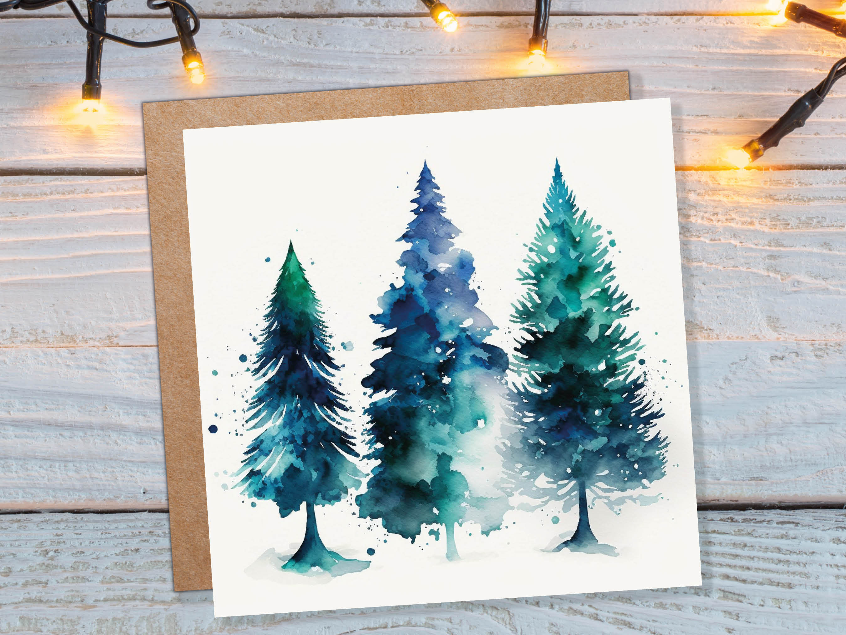 Blue & Green Watercolour Christmas Trees Card Modern Elegant Prussian Fir Tree Messy Painting Greetings Cards For Family Friends Xmas 2024 - View 3