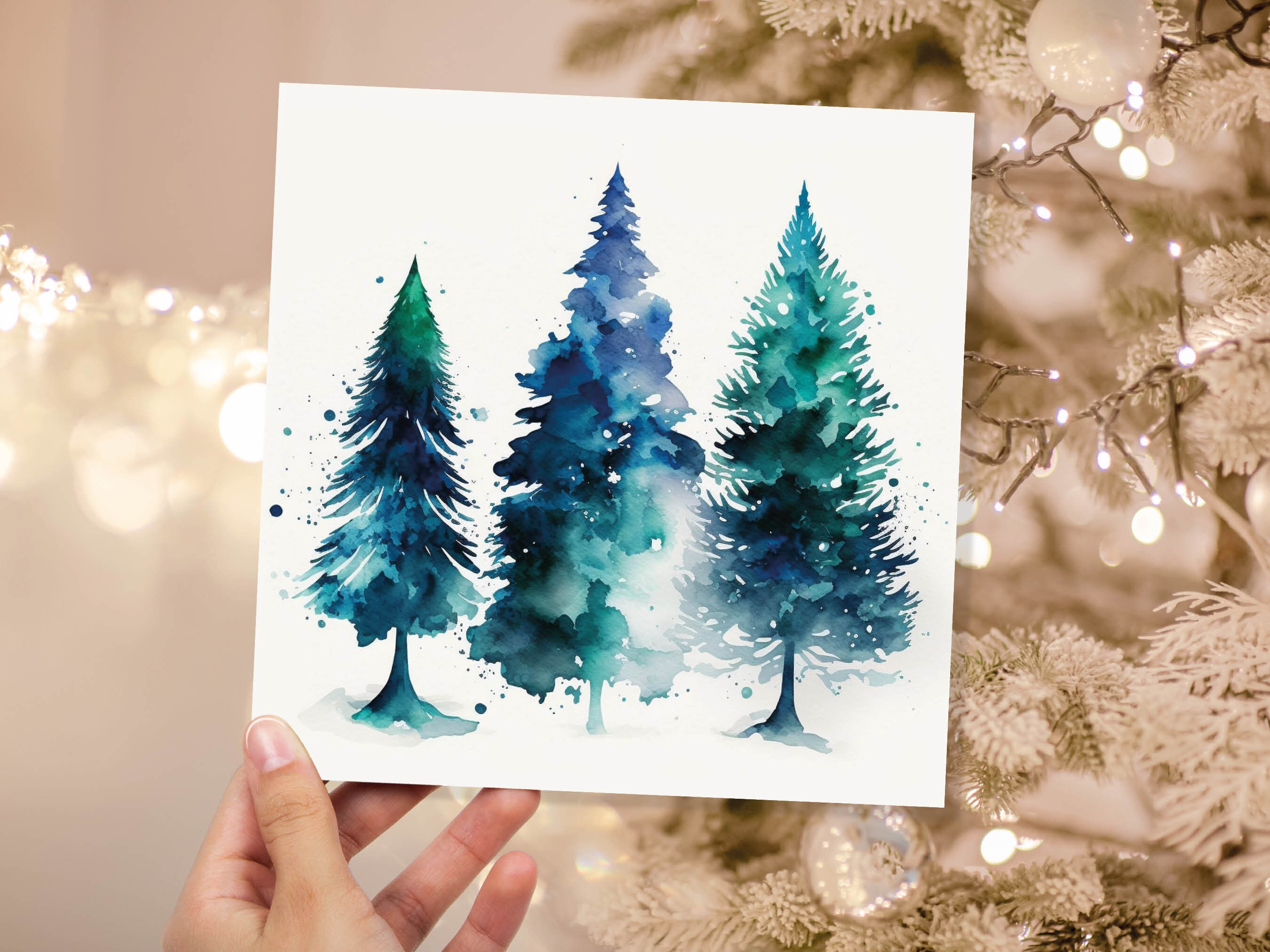 Blue & Green Watercolour Christmas Trees Card Modern Elegant Prussian Fir Tree Messy Painting Greetings Cards For Family Friends Xmas 2024 - View 4