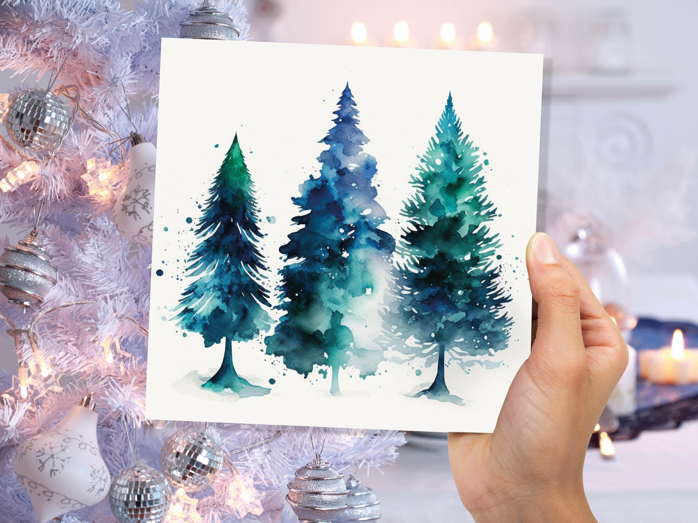 Blue & Green Watercolour Christmas Trees Card Modern Elegant Prussian Fir Tree Messy Painting Greetings Cards For Family Friends Xmas 2024 - View 5