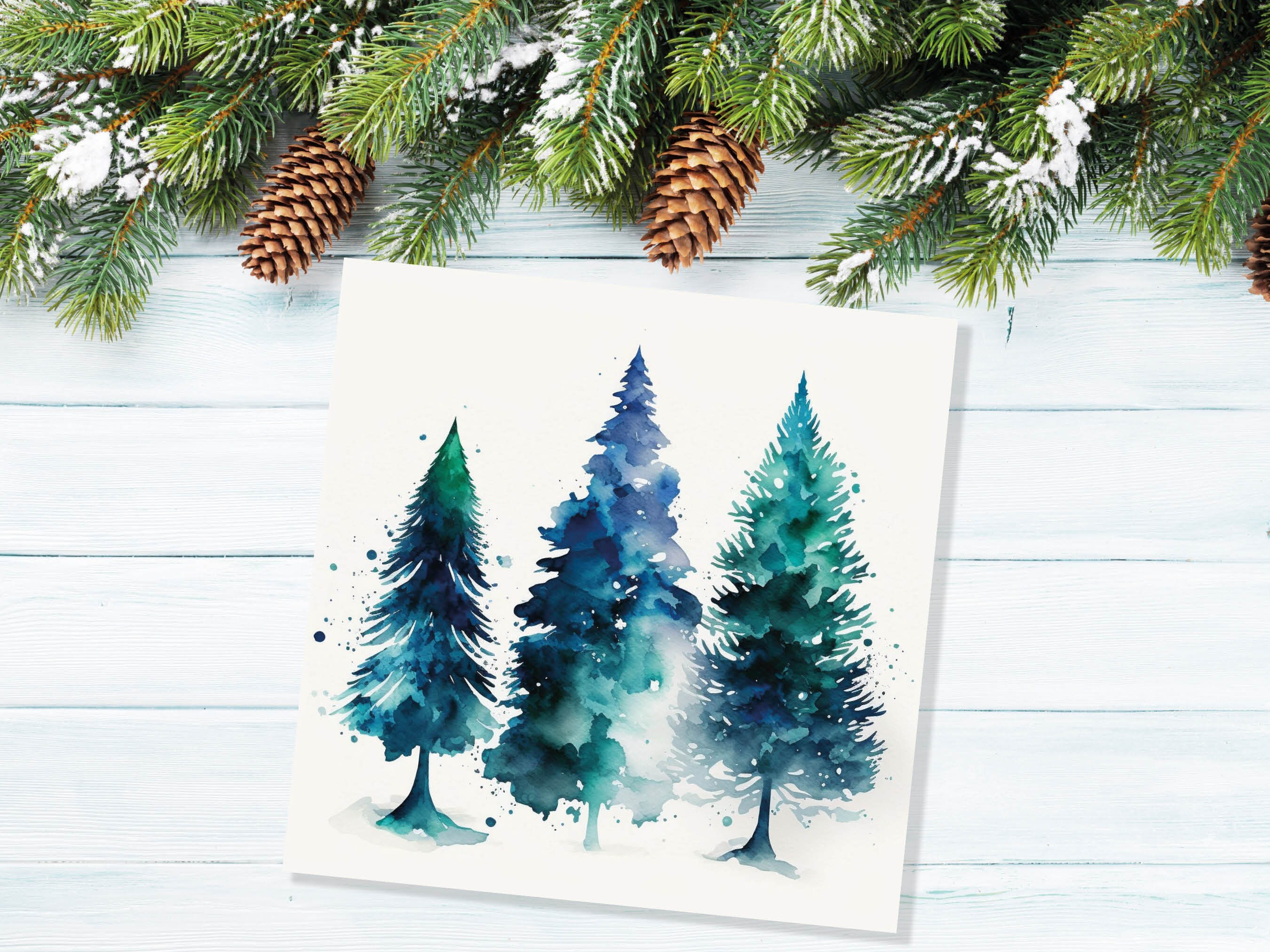 Blue & Green Watercolour Christmas Trees Card Modern Elegant Prussian Fir Tree Messy Painting Greetings Cards For Family Friends Xmas 2024 - View 6