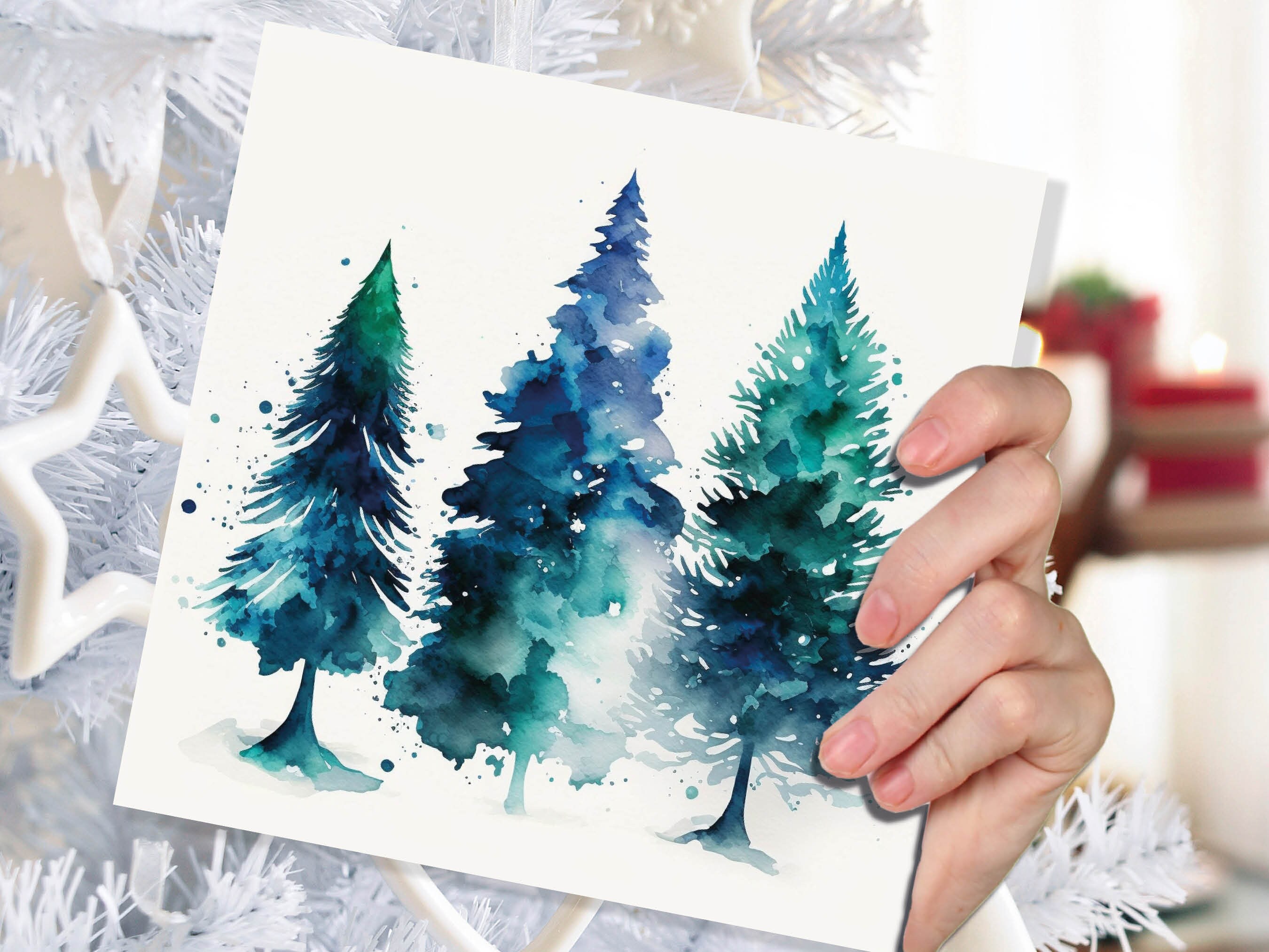 Blue & Green Watercolour Christmas Trees Card Modern Elegant Prussian Fir Tree Messy Painting Greetings Cards For Family Friends Xmas 2024 - View 7