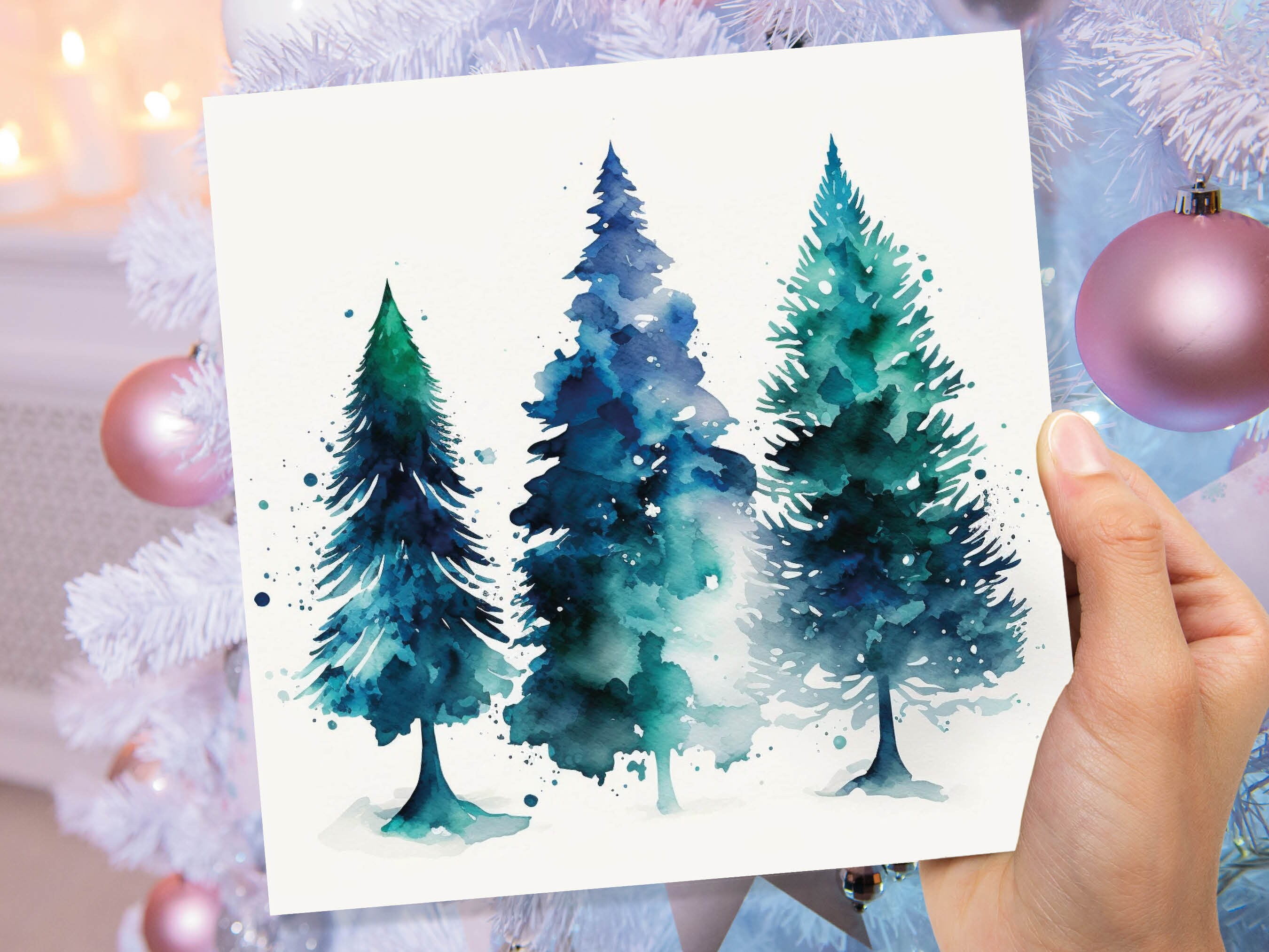 Blue & Green Watercolour Christmas Trees Card Modern Elegant Prussian Fir Tree Messy Painting Greetings Cards For Family Friends Xmas 2024 - View 8