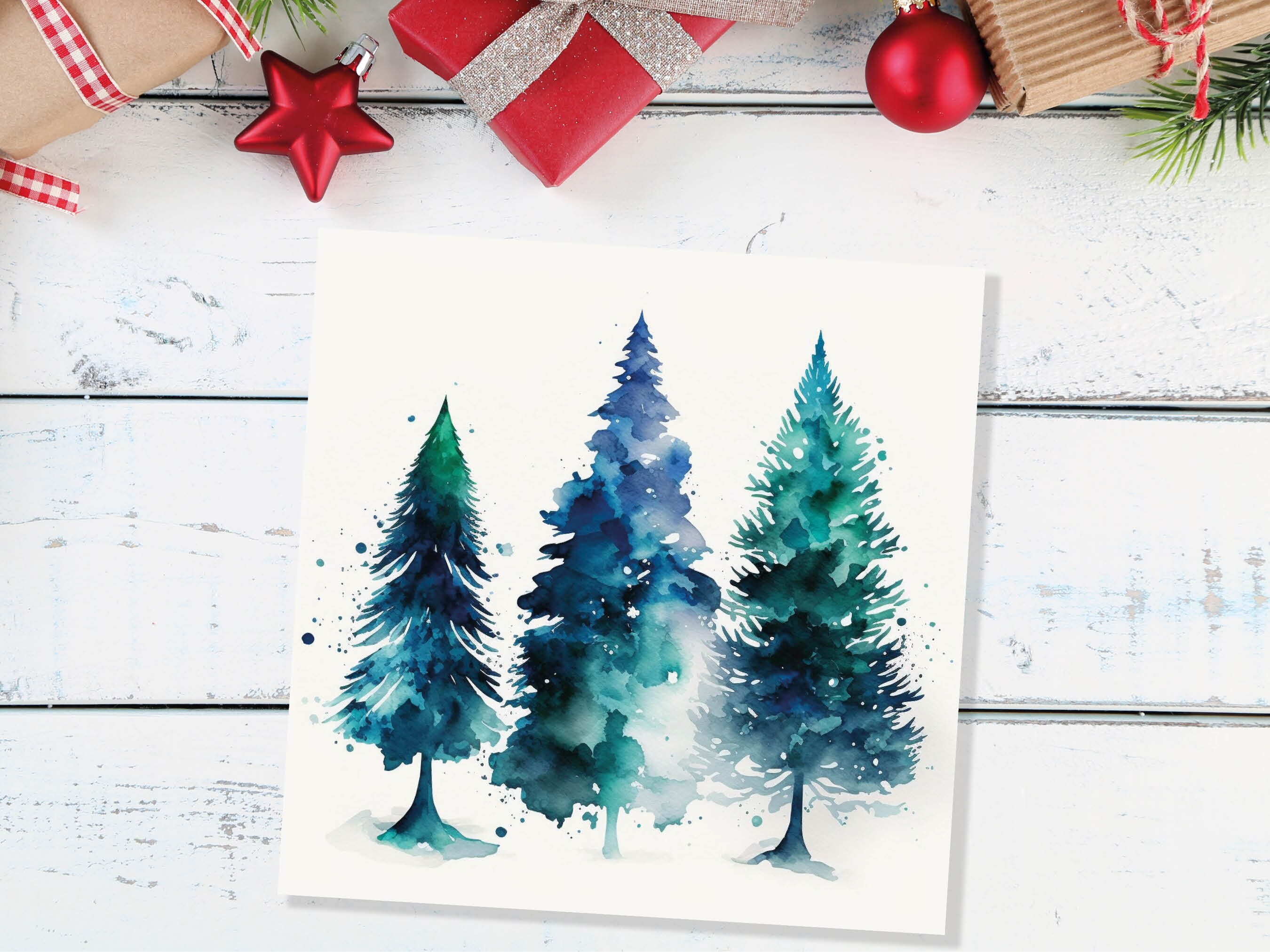 Blue & Green Watercolour Christmas Trees Card Modern Elegant Prussian Fir Tree Messy Painting Greetings Cards For Family Friends Xmas 2024 - View 9