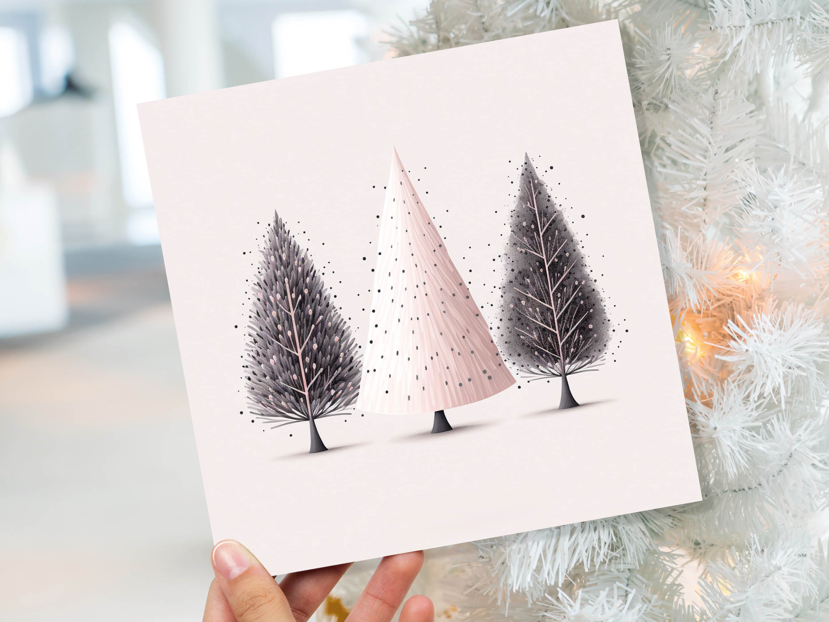 Christmas Trees Illustration Card Modern Elegant Fir Tree Pink Grey White Simple Ink Painting Greetings Cards For Family Friends Xmas 2024