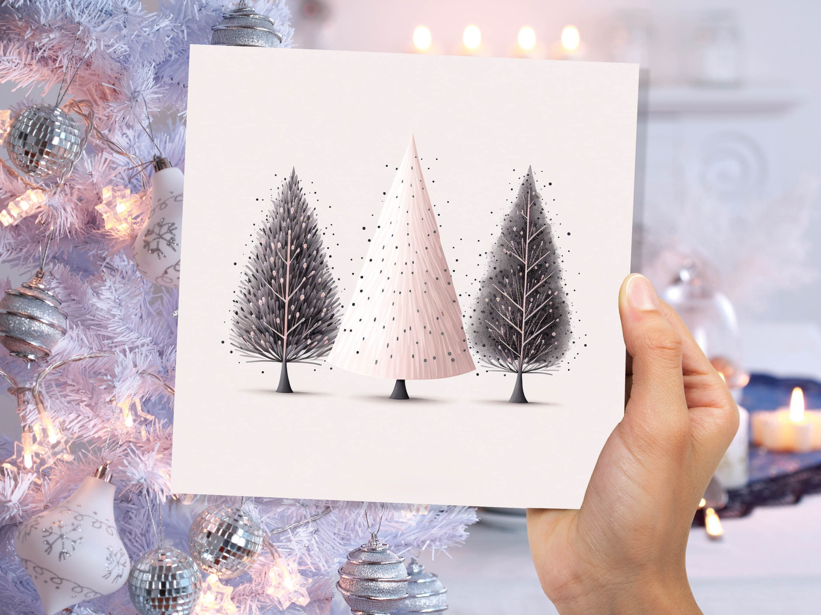 Christmas Trees Illustration Card Modern Elegant Fir Tree Pink Grey White Simple Ink Painting Greetings Cards For Family Friends Xmas 2024 - View 2