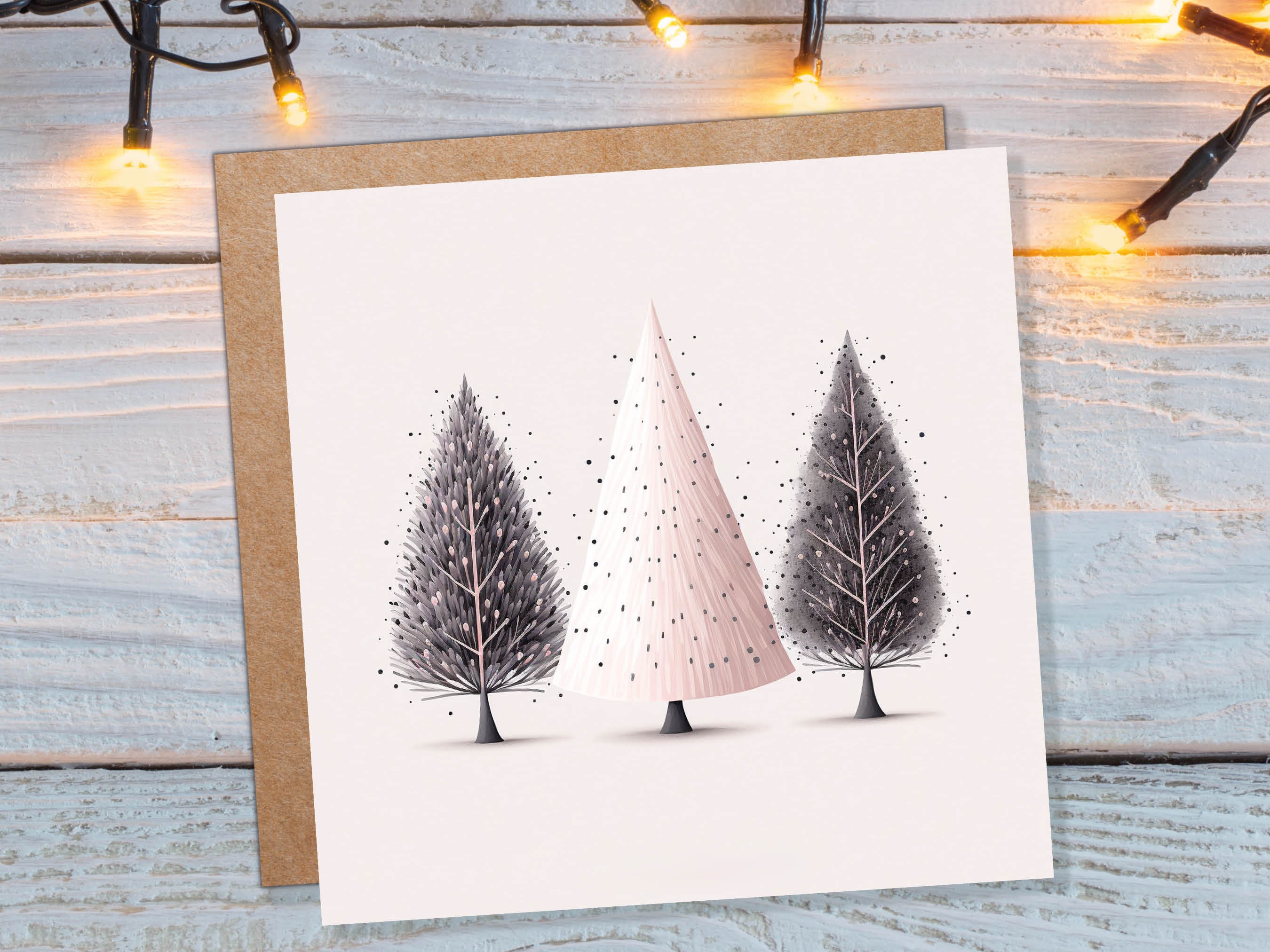 Christmas Trees Illustration Card Modern Elegant Fir Tree Pink Grey White Simple Ink Painting Greetings Cards For Family Friends Xmas 2024 - View 3