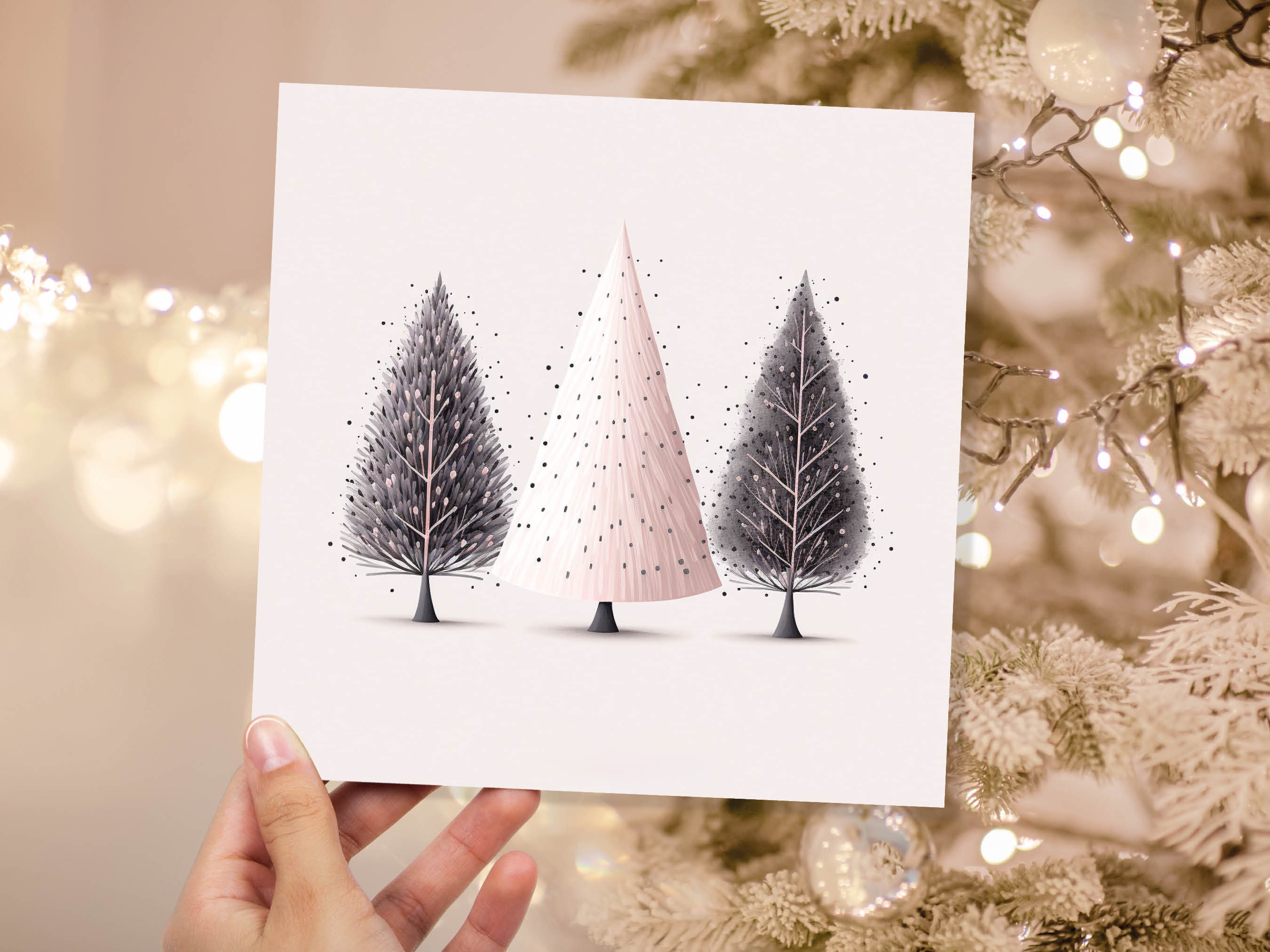 Christmas Trees Illustration Card Modern Elegant Fir Tree Pink Grey White Simple Ink Painting Greetings Cards For Family Friends Xmas 2024 - View 4