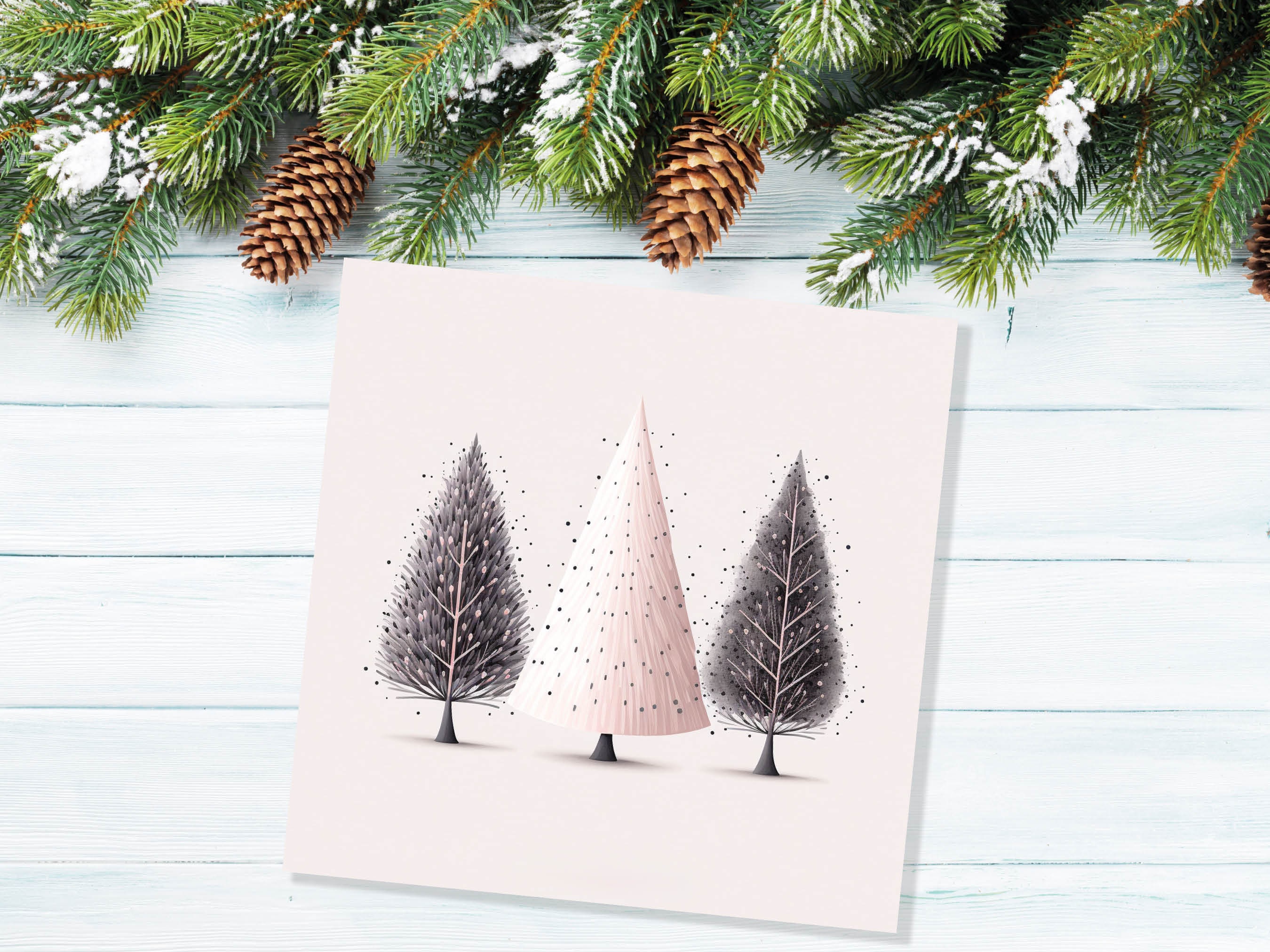 Christmas Trees Illustration Card Modern Elegant Fir Tree Pink Grey White Simple Ink Painting Greetings Cards For Family Friends Xmas 2024 - View 5