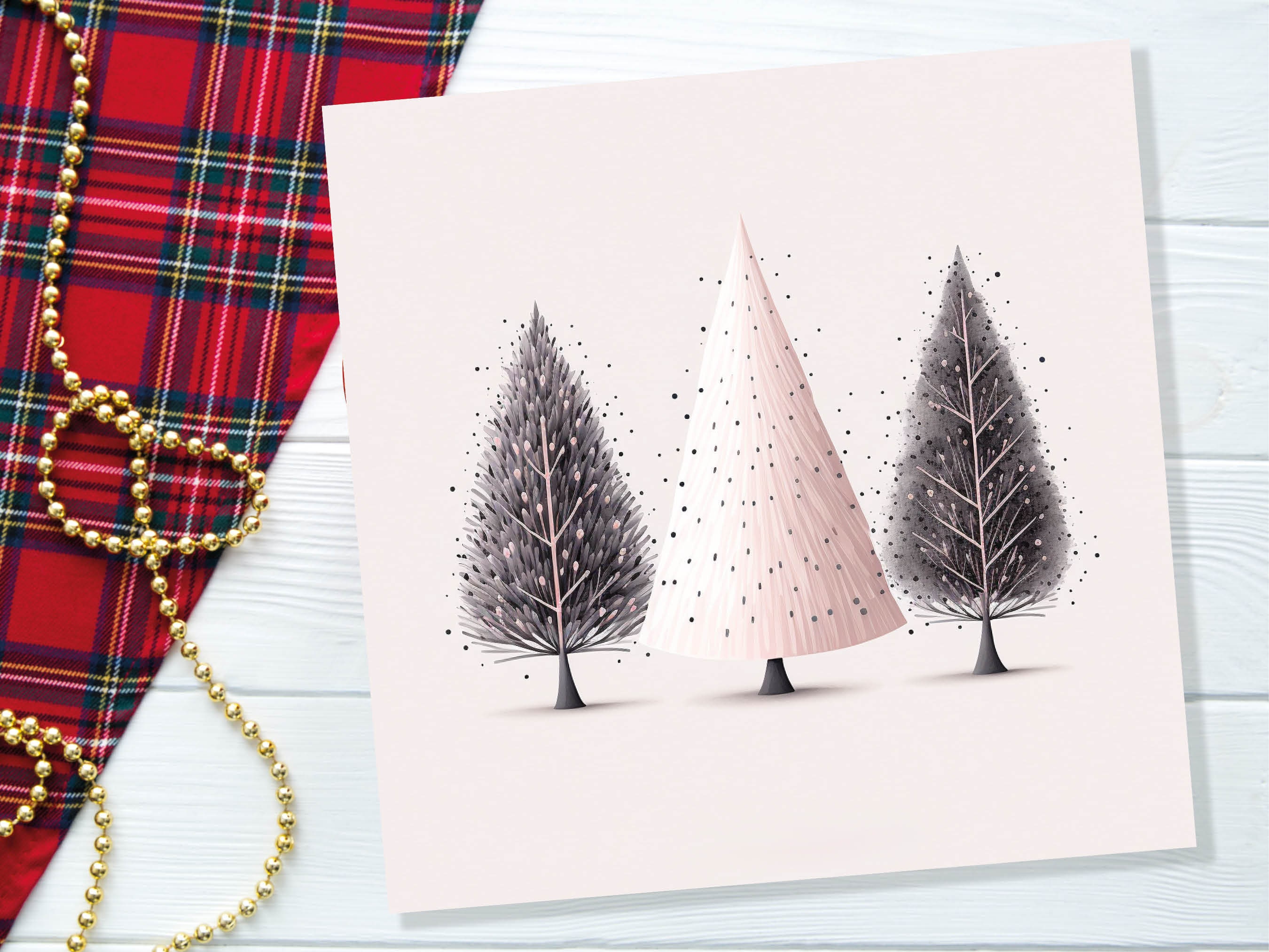 Christmas Trees Illustration Card Modern Elegant Fir Tree Pink Grey White Simple Ink Painting Greetings Cards For Family Friends Xmas 2024 - View 6