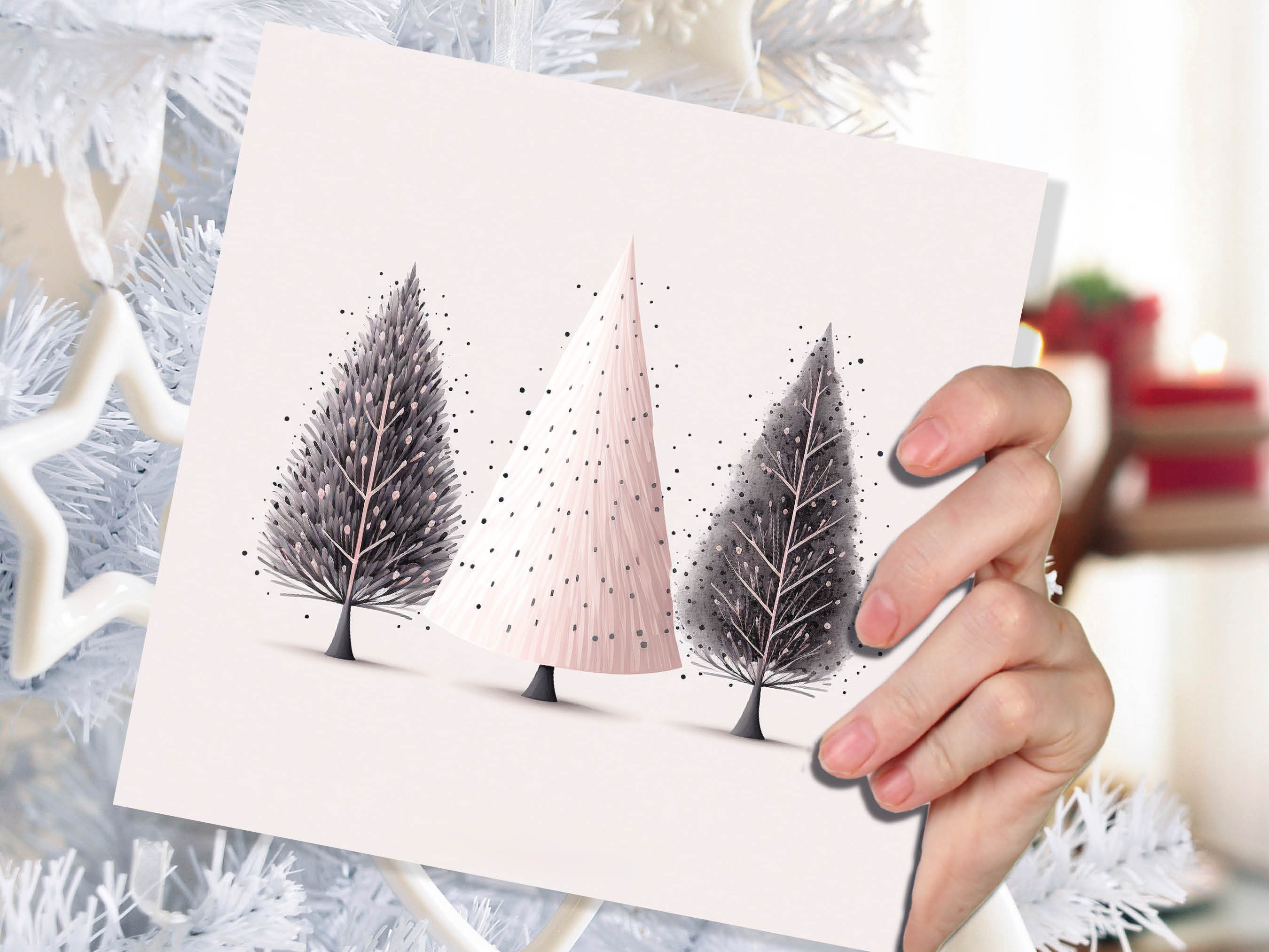 Christmas Trees Illustration Card Modern Elegant Fir Tree Pink Grey White Simple Ink Painting Greetings Cards For Family Friends Xmas 2024 - View 7