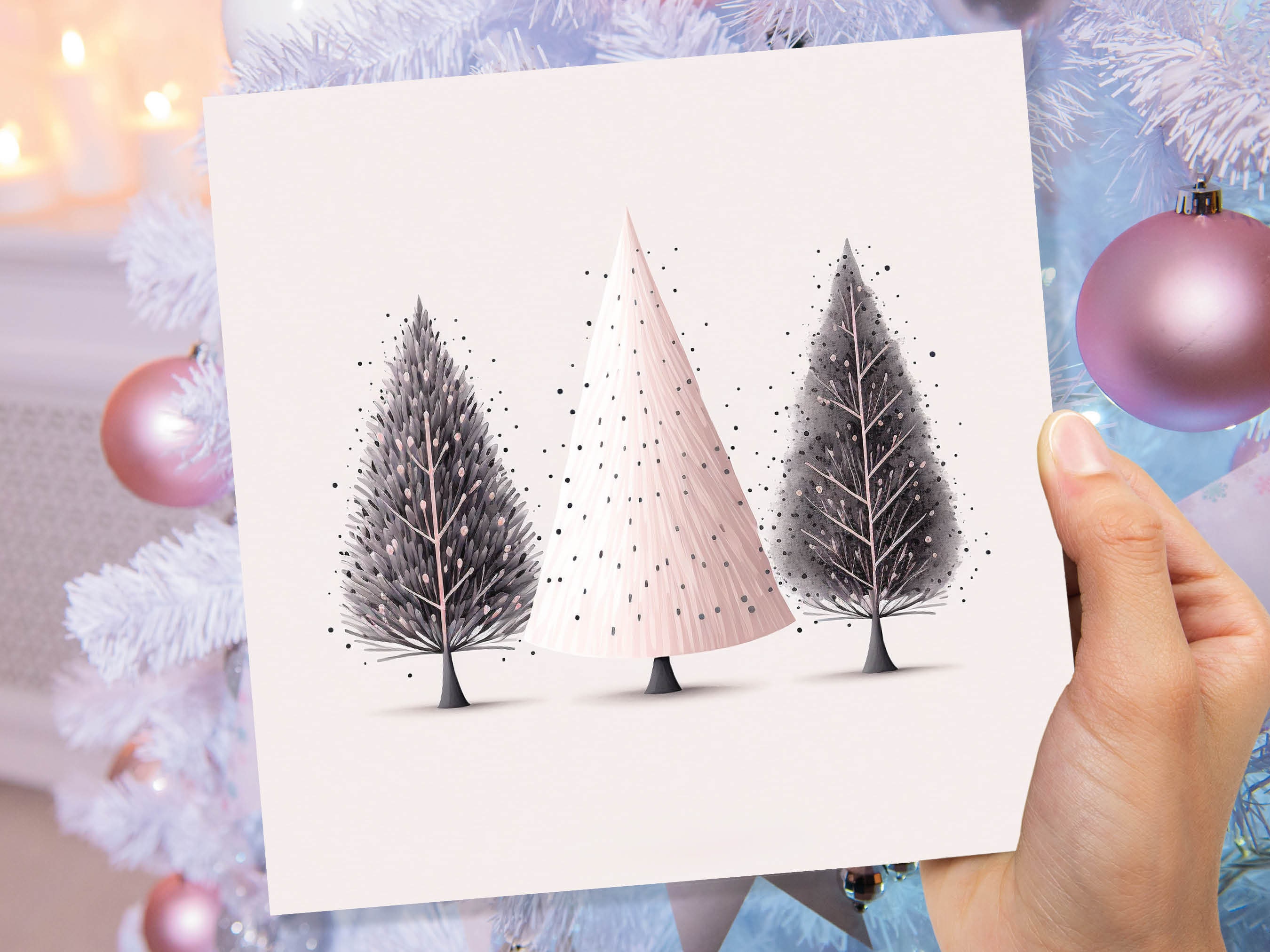 Christmas Trees Illustration Card Modern Elegant Fir Tree Pink Grey White Simple Ink Painting Greetings Cards For Family Friends Xmas 2024 - View 8