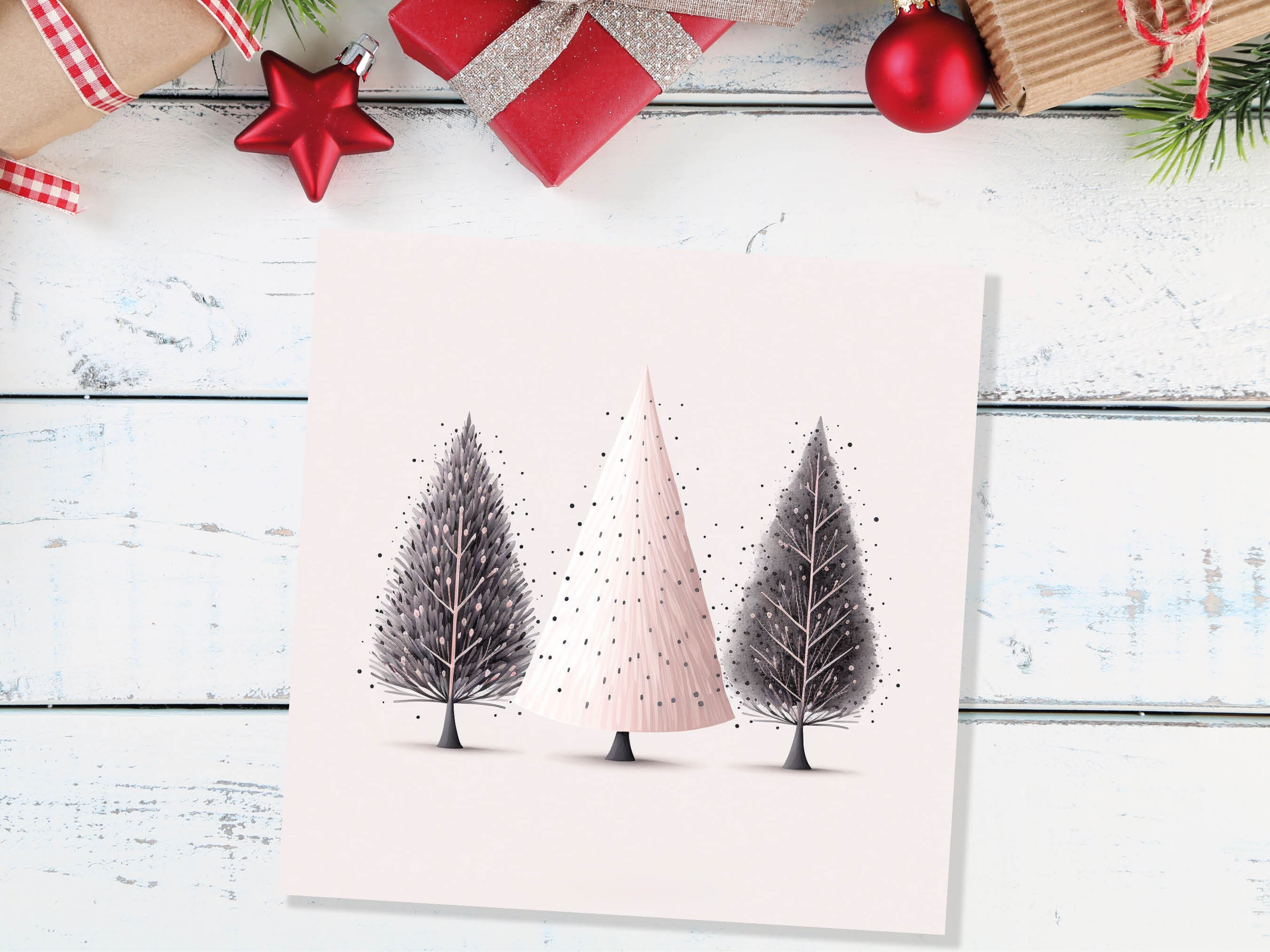 Christmas Trees Illustration Card Modern Elegant Fir Tree Pink Grey White Simple Ink Painting Greetings Cards For Family Friends Xmas 2024 - View 9