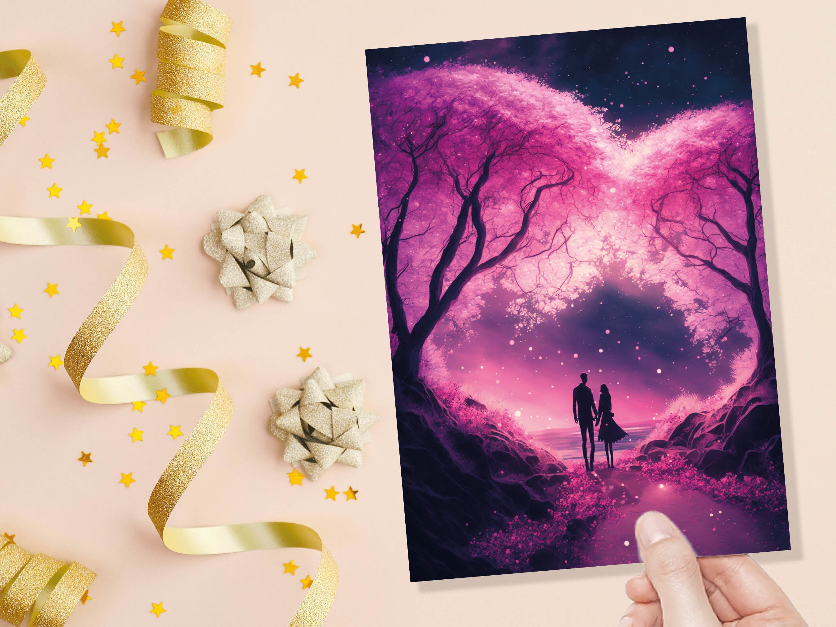 Romantic Walk Valentines Card Enchanted Forest Pink Cherry Blossoms Evening Woodland Couple in Love Greeting Cards for Anniversary Wedding - View 10