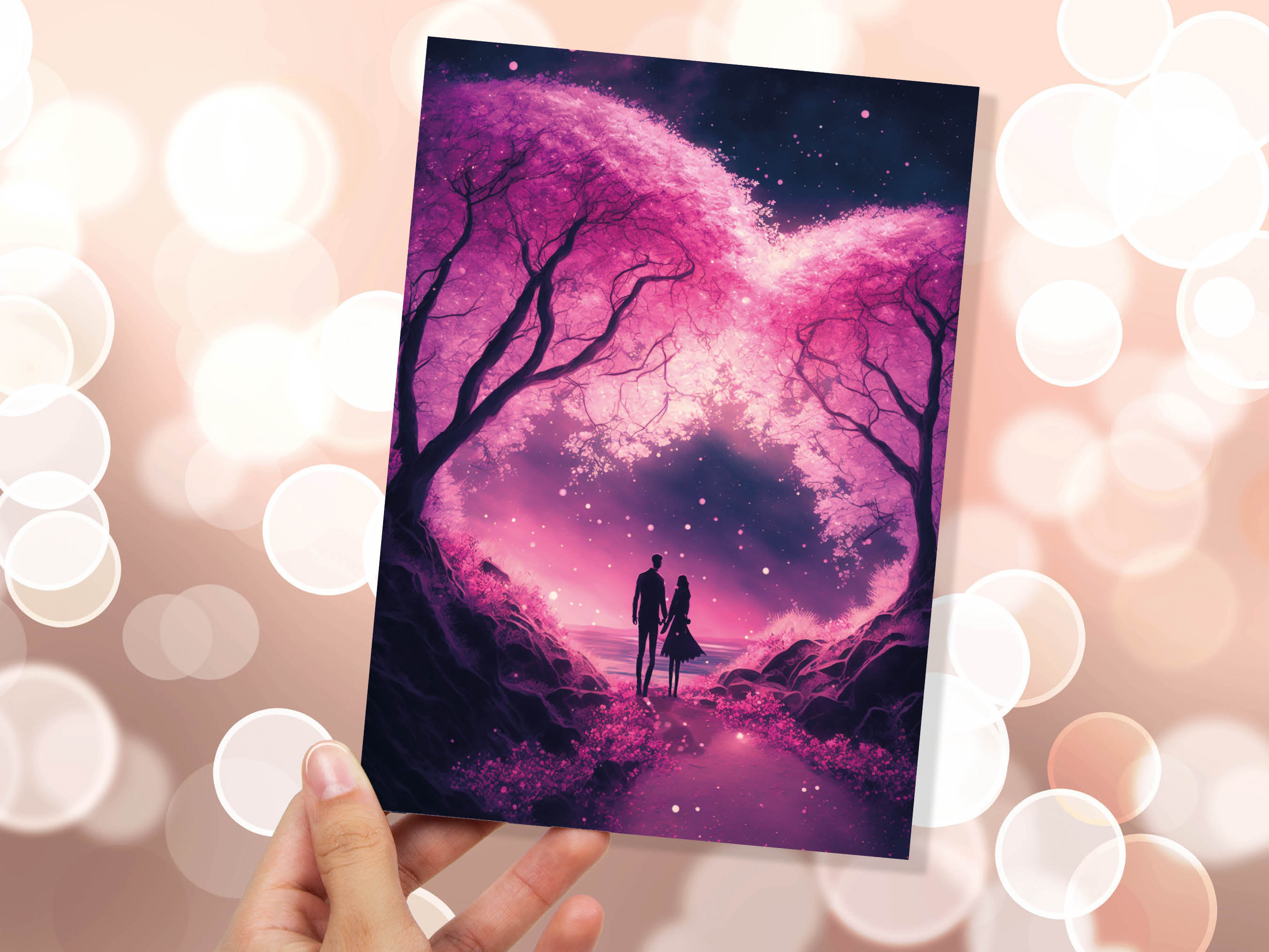 Romantic Walk Valentines Card Enchanted Forest Pink Cherry Blossoms Evening Woodland Couple in Love Greeting Cards for Anniversary Wedding