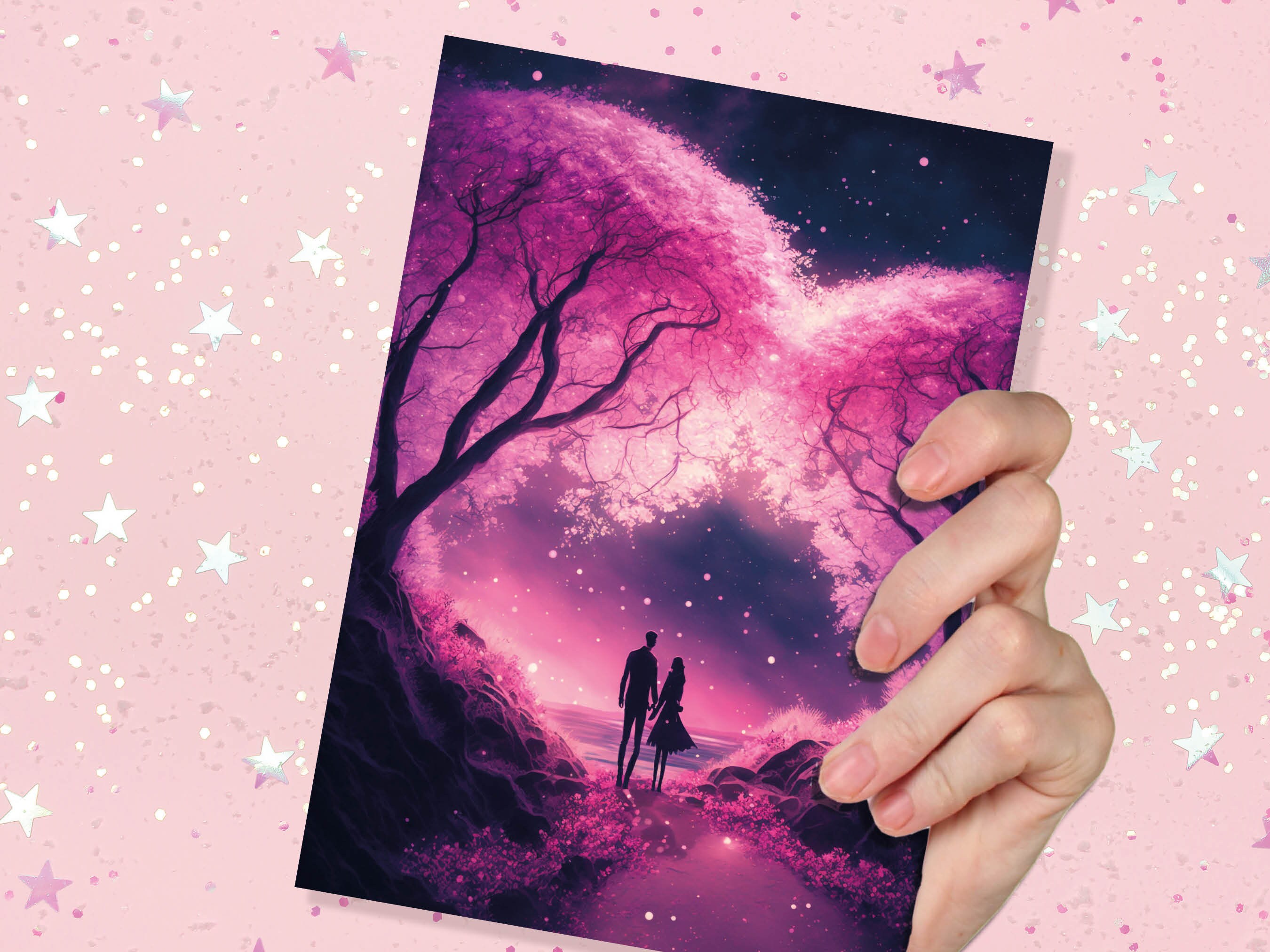 Romantic Walk Valentines Card Enchanted Forest Pink Cherry Blossoms Evening Woodland Couple in Love Greeting Cards for Anniversary Wedding - View 2