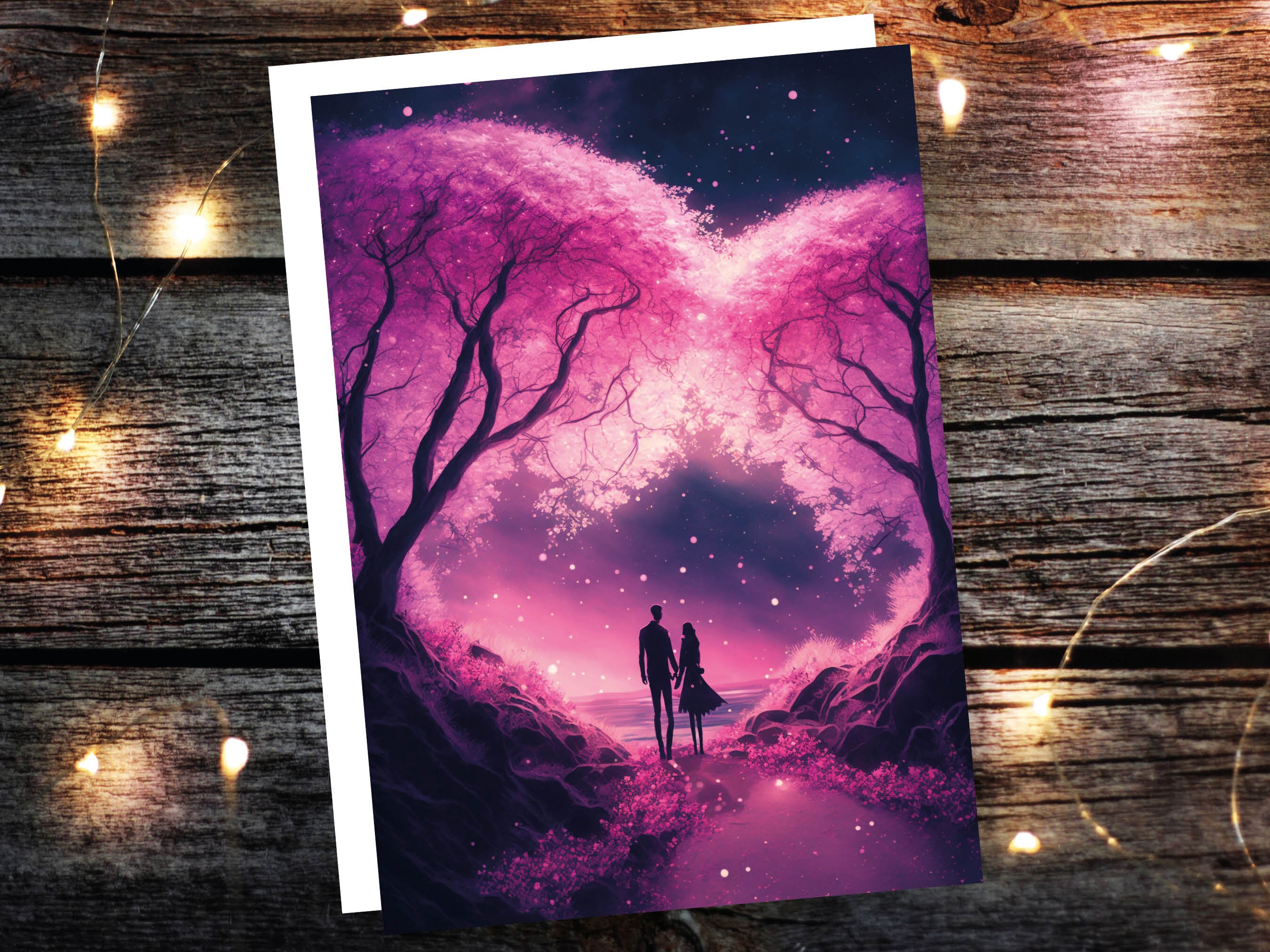 Romantic Walk Valentines Card Enchanted Forest Pink Cherry Blossoms Evening Woodland Couple in Love Greeting Cards for Anniversary Wedding - View 3