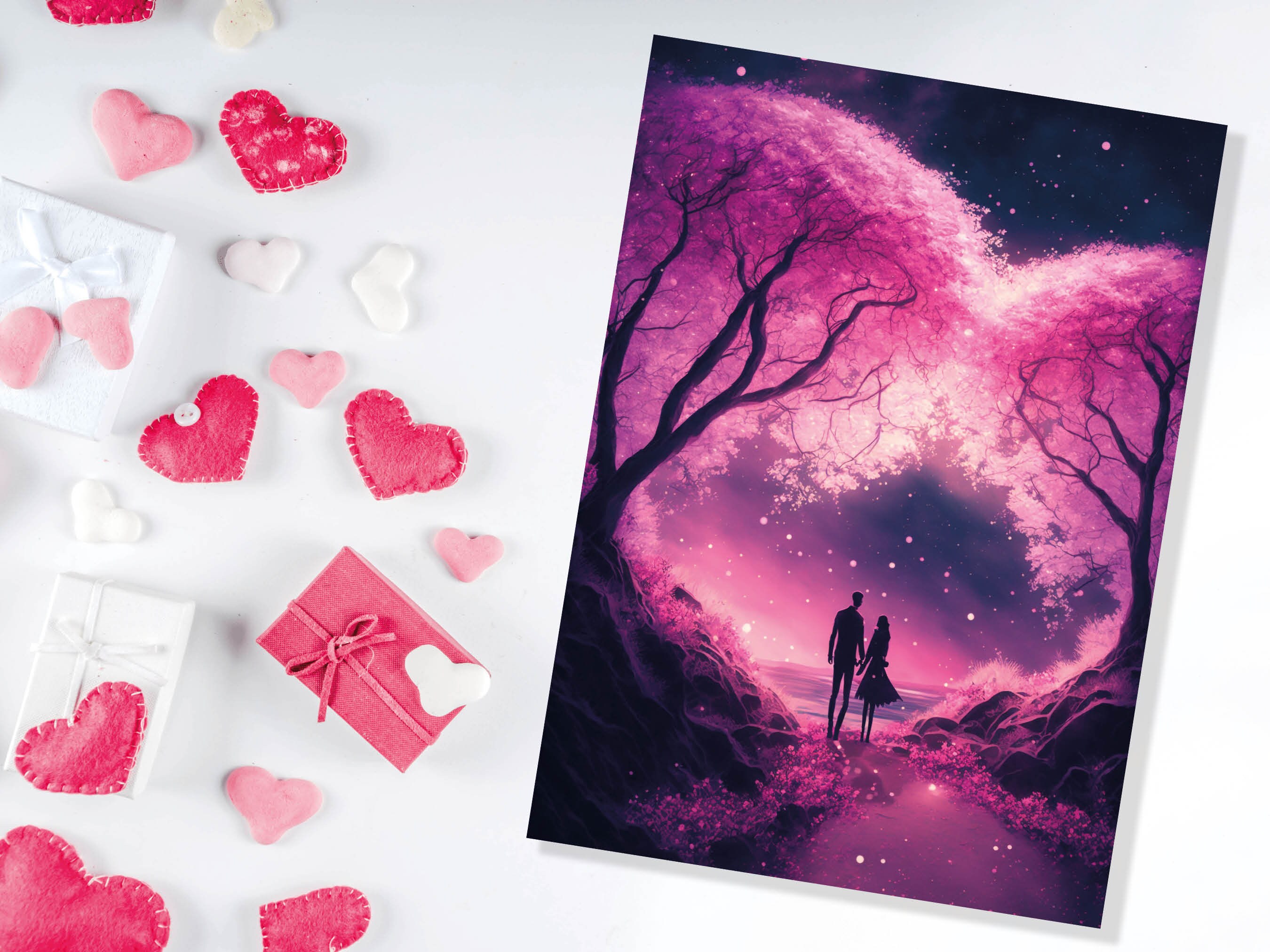 Romantic Walk Valentines Card Enchanted Forest Pink Cherry Blossoms Evening Woodland Couple in Love Greeting Cards for Anniversary Wedding - View 4