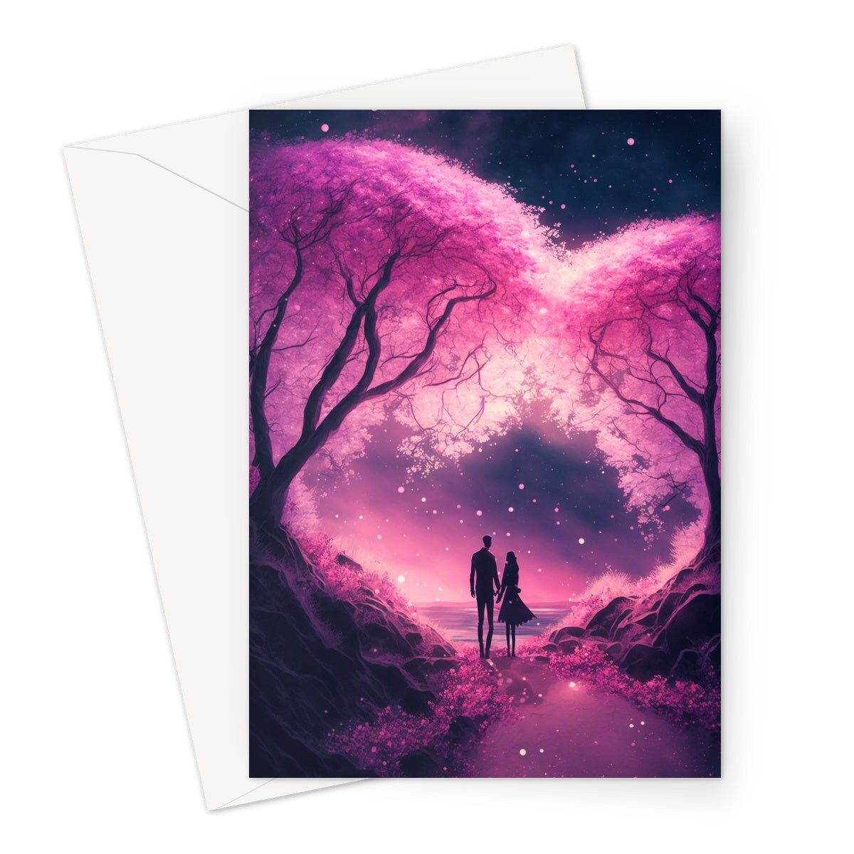 Romantic Walk Valentines Card Enchanted Forest Pink Cherry Blossoms Evening Woodland Couple in Love Greeting Cards for Anniversary Wedding - View 5