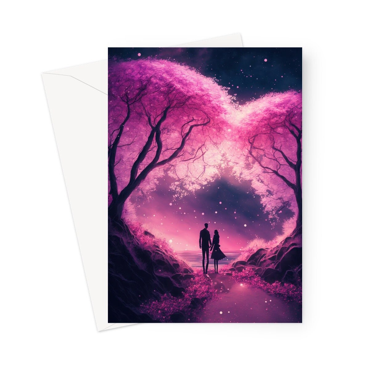 Romantic Walk Valentines Card Enchanted Forest Pink Cherry Blossoms Evening Woodland Couple in Love Greeting Cards for Anniversary Wedding - View 6