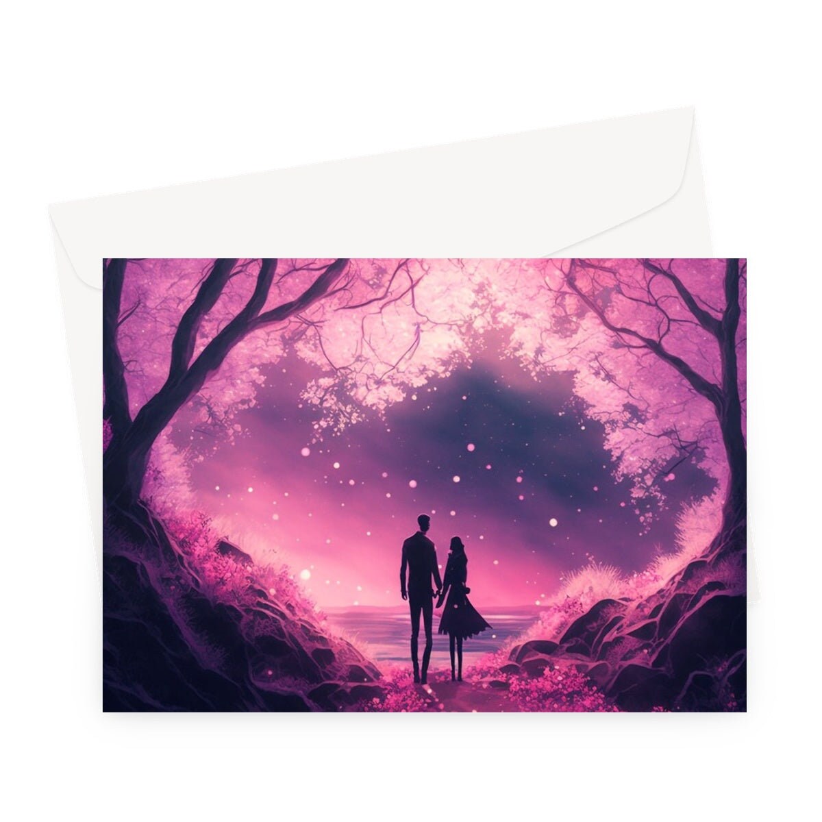 Romantic Walk Valentines Card Enchanted Forest Pink Cherry Blossoms Evening Woodland Couple in Love Greeting Cards for Anniversary Wedding - View 8