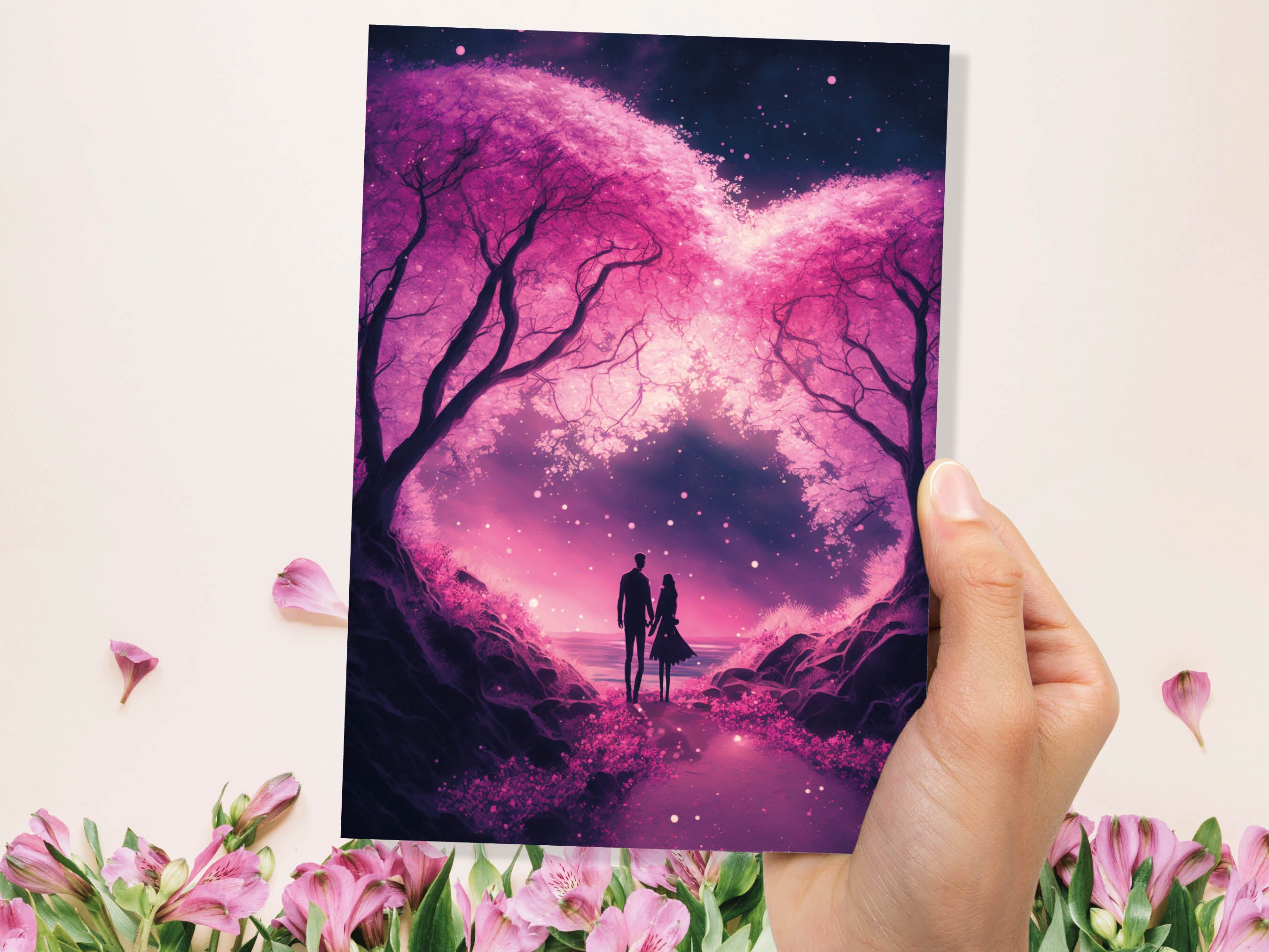 Romantic Walk Valentines Card Enchanted Forest Pink Cherry Blossoms Evening Woodland Couple in Love Greeting Cards for Anniversary Wedding - View 9