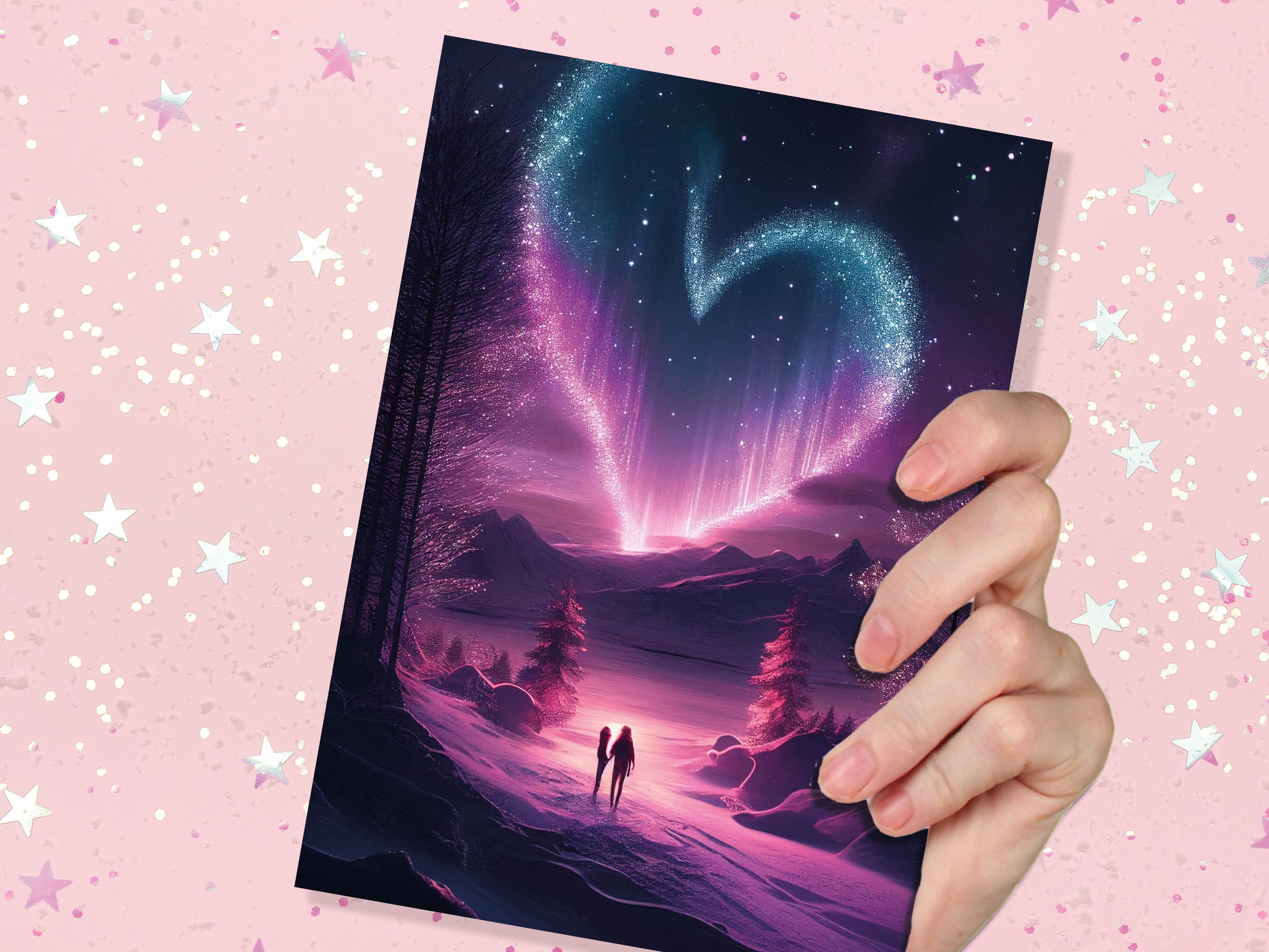 Romantic Northern Lights Heart Greeting Card for Valentines Day Anniversary Wedding Marriage Night Sky Stars Magical Couple in Love Scene - View 4