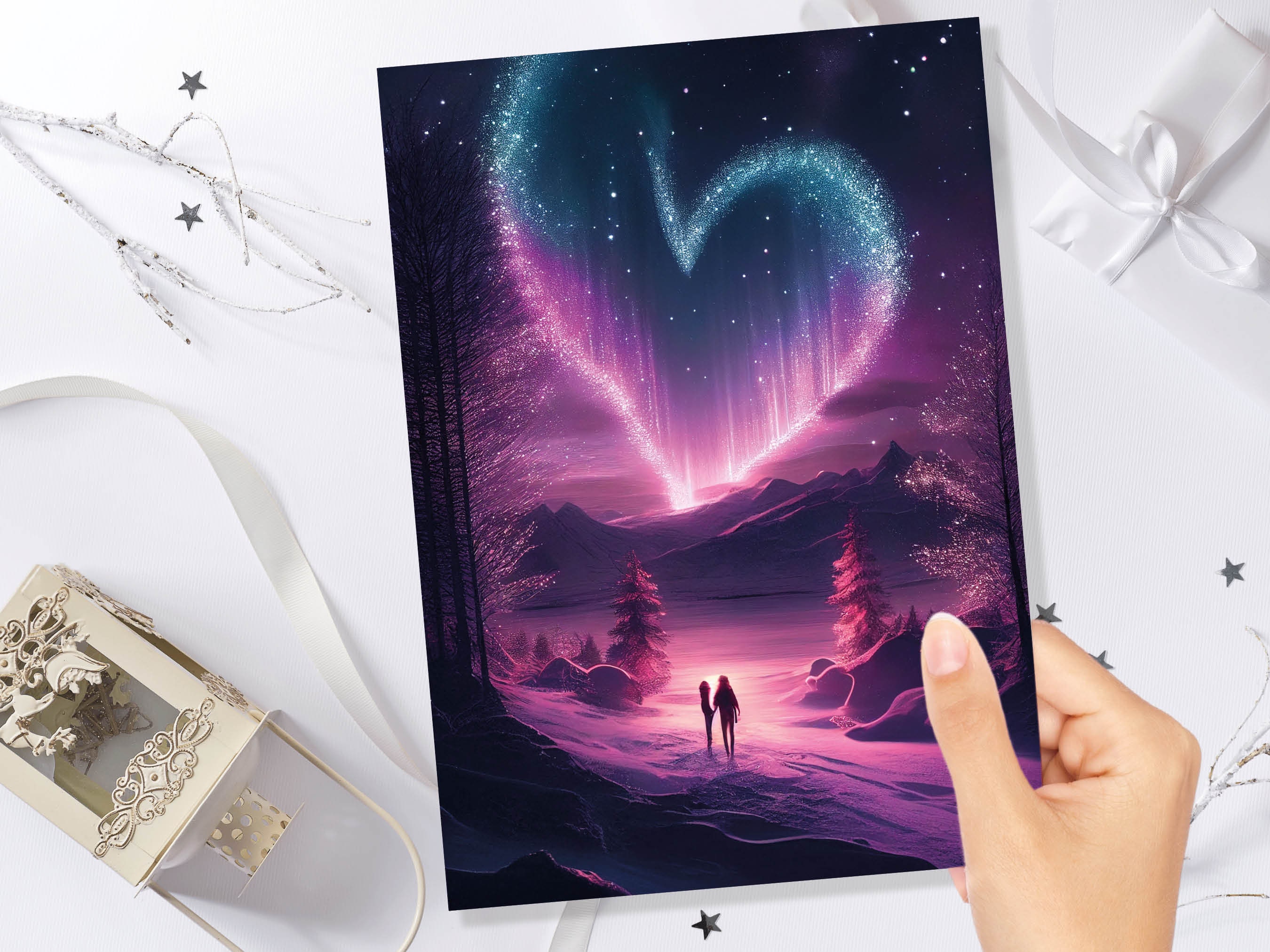 Romantic Northern Lights Heart Greeting Card for Valentines Day Anniversary Wedding Marriage Night Sky Stars Magical Couple in Love Scene - View 3