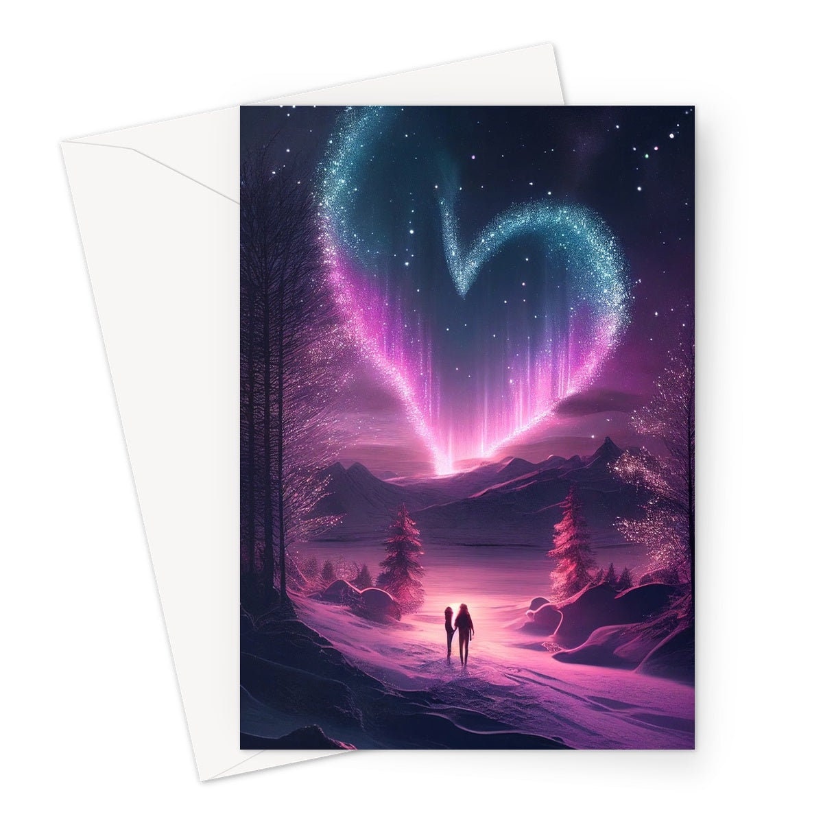 Romantic Northern Lights Heart Greeting Card for Valentines Day Anniversary Wedding Marriage Night Sky Stars Magical Couple in Love Scene - View 9