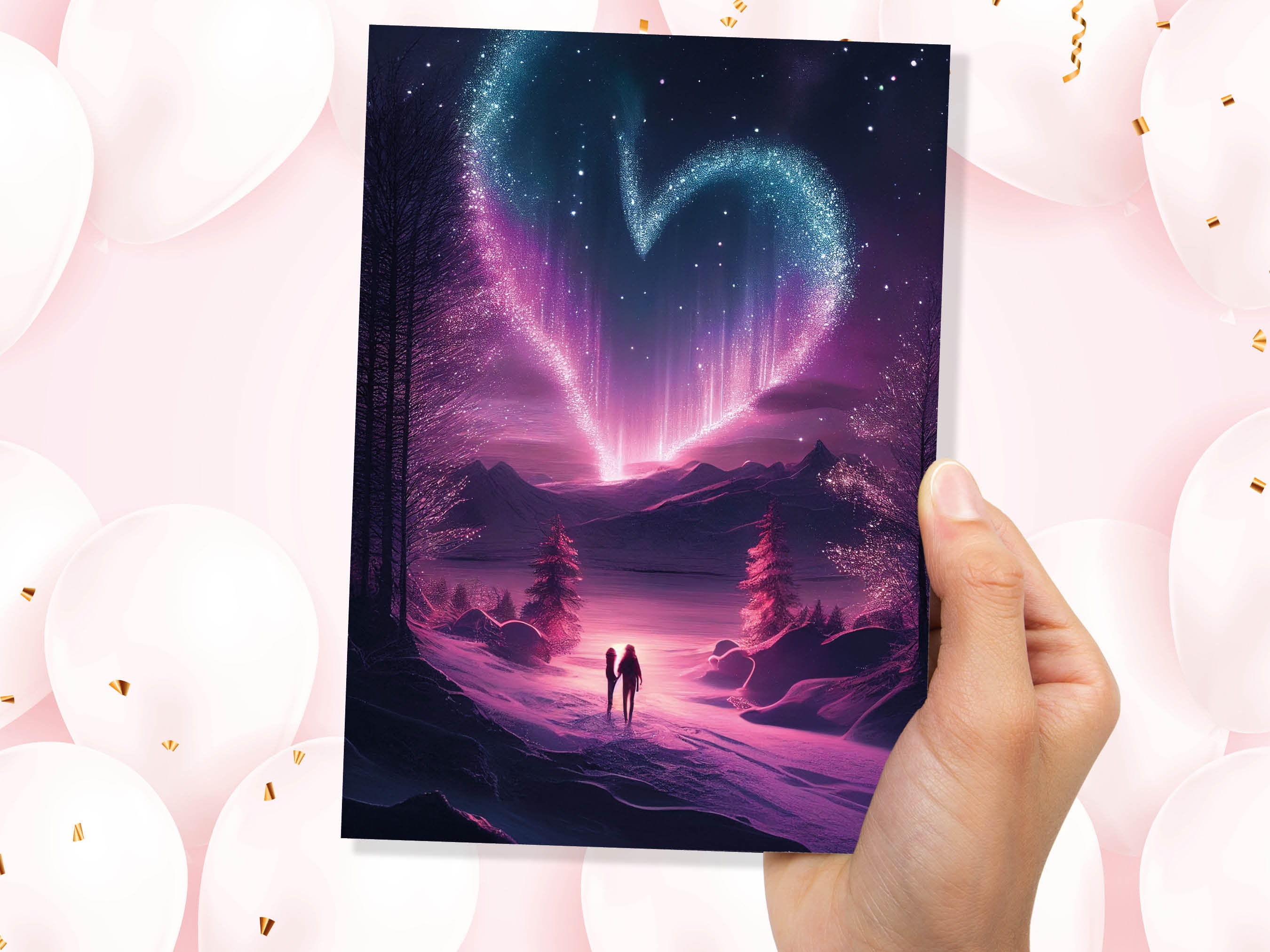 Romantic Northern Lights Heart Greeting Card for Valentines Day Anniversary Wedding Marriage Night Sky Stars Magical Couple in Love Scene